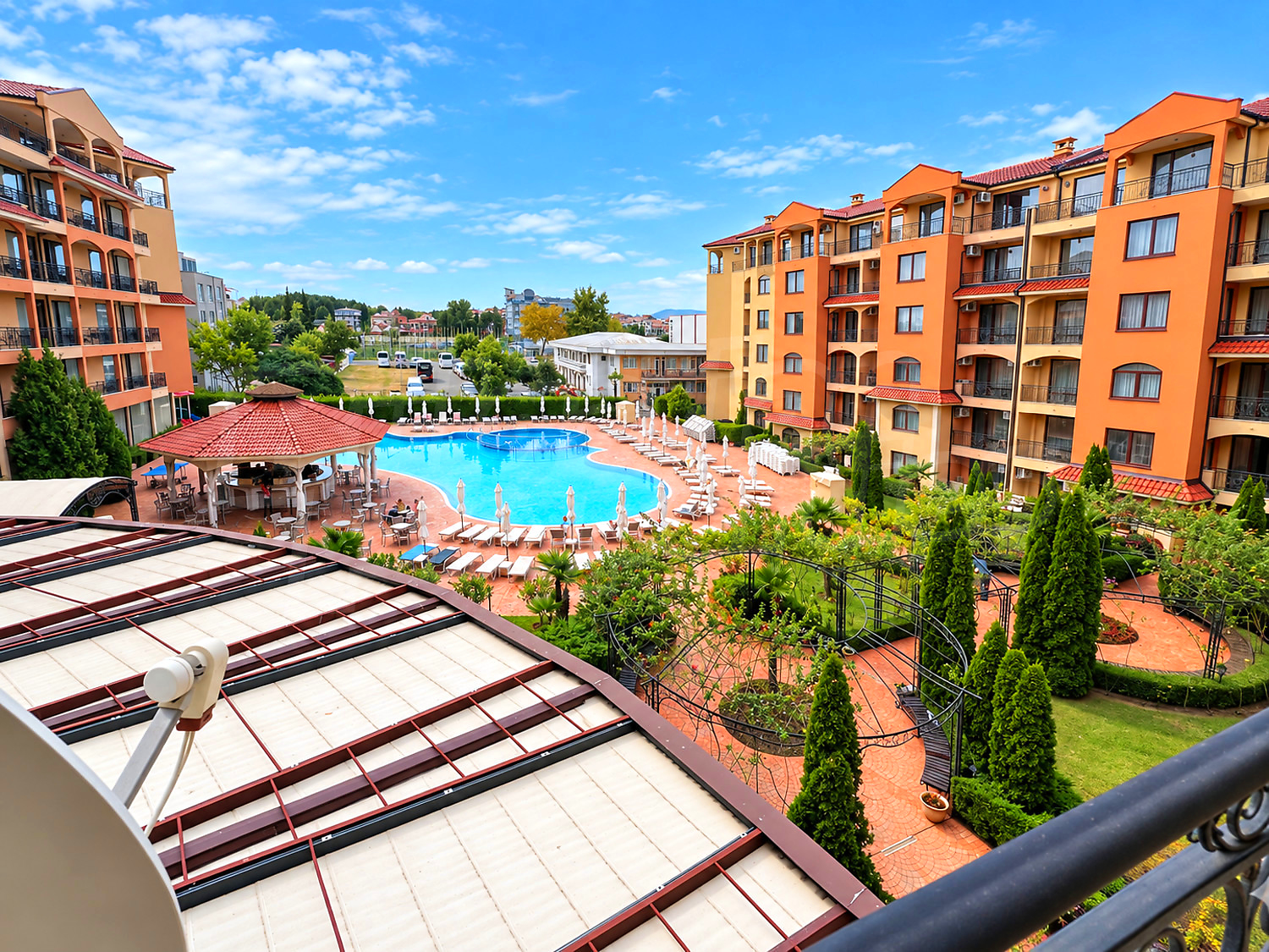outside, pool, garden, facade, view from balcony