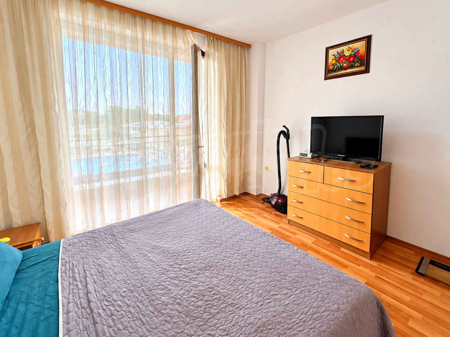 inside, bedroom, furnished, view from balcony
