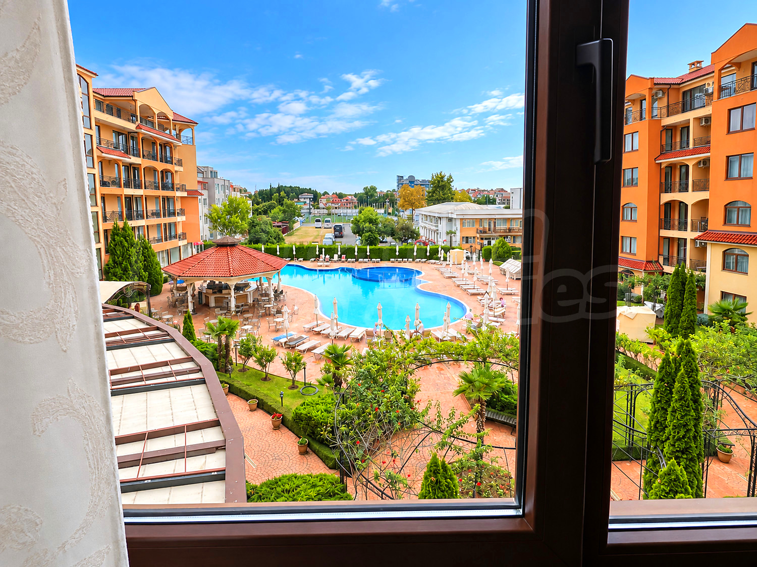 outside, pool, view from balcony, garden