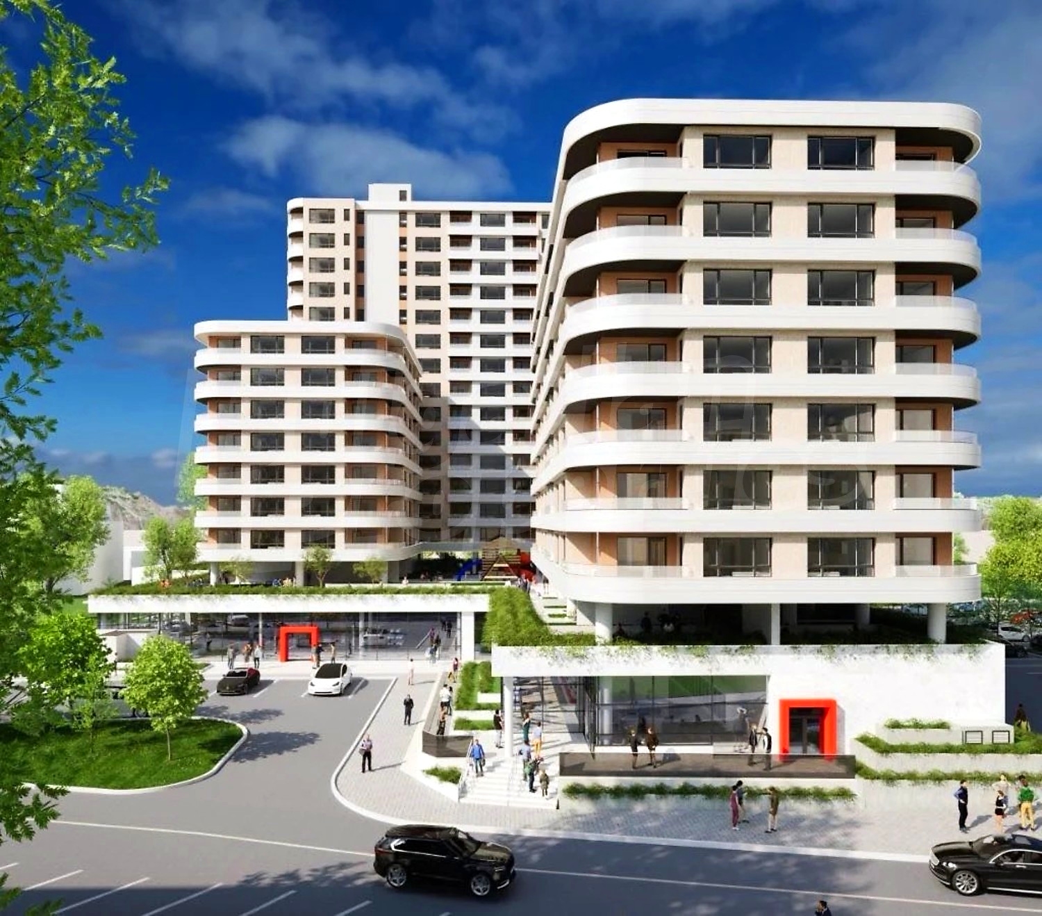 outside, facade, parking, green area