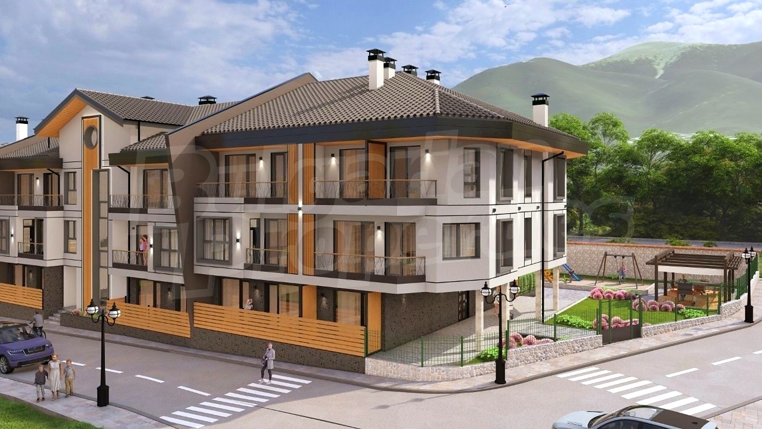 facade, outside, mountain, green area