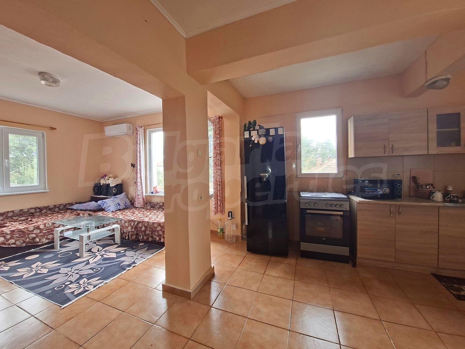 inside, kitchen, living room, furnished