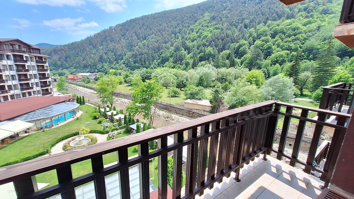 outside, view from balcony, mountain, green area