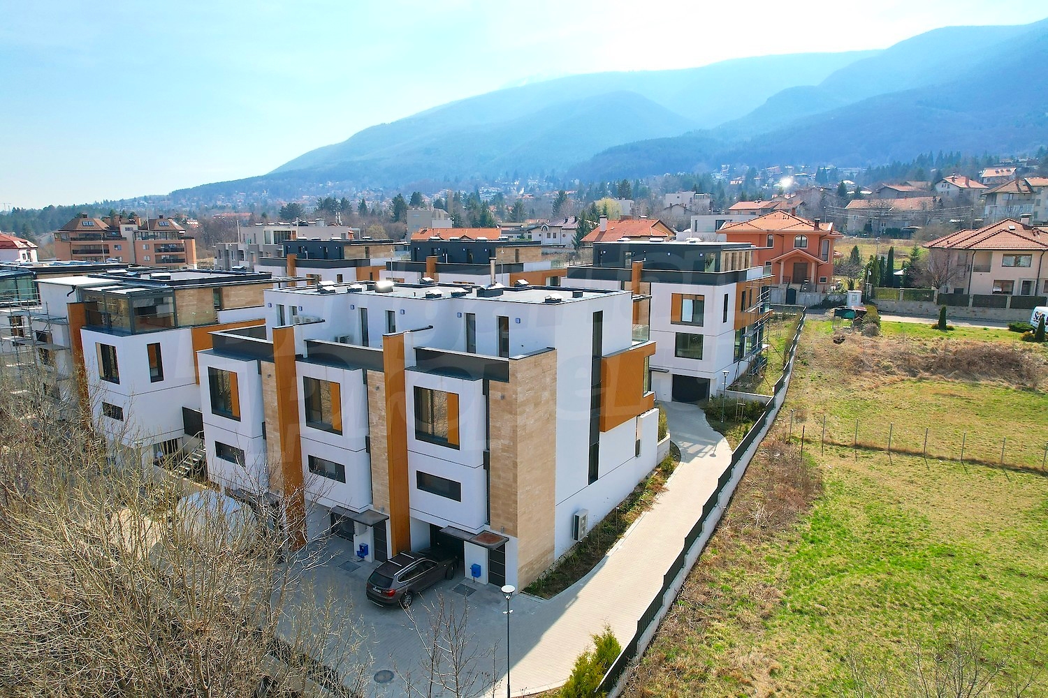 facade, mountain, green area, parking