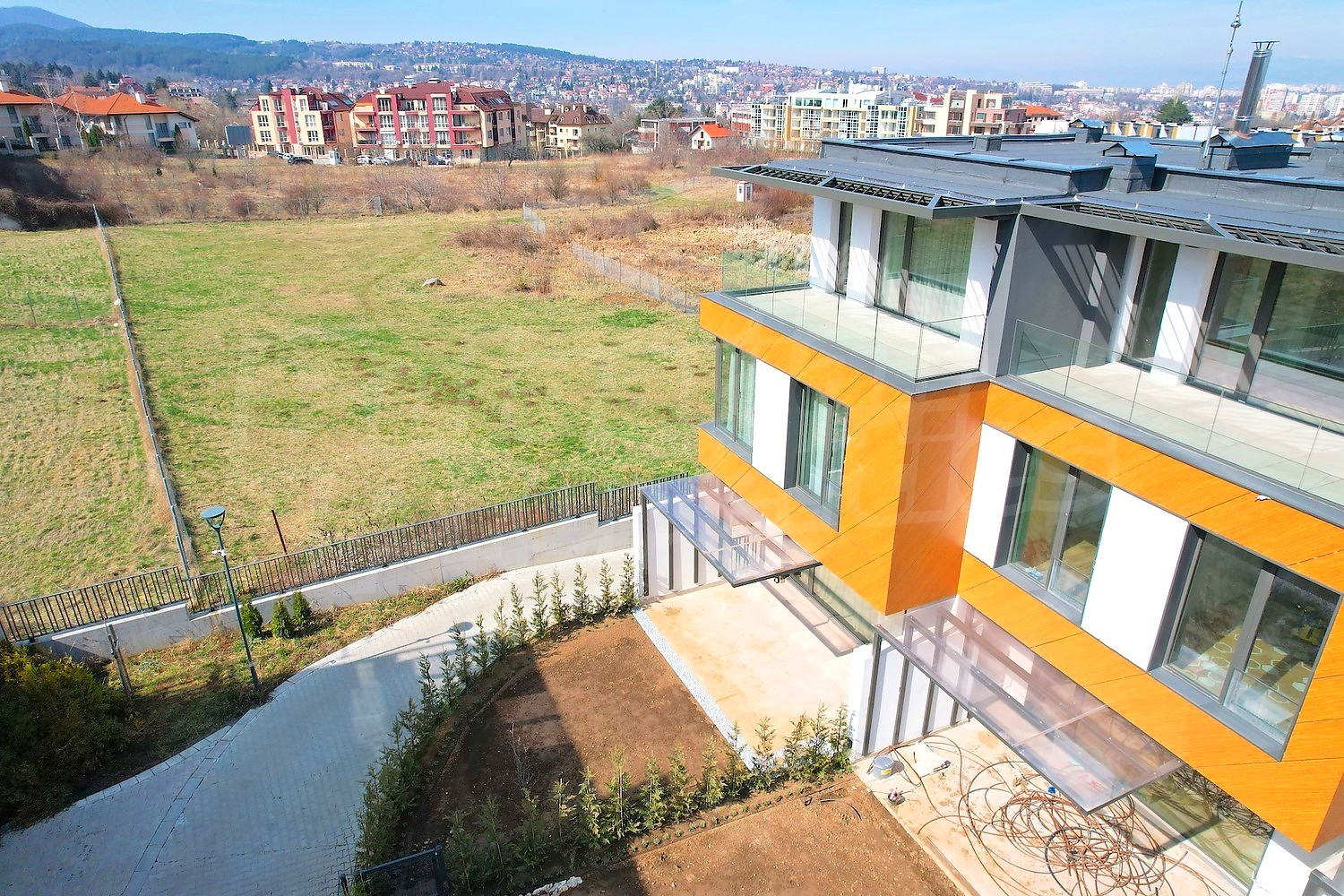 outside, facade, view from balcony, garden, green area