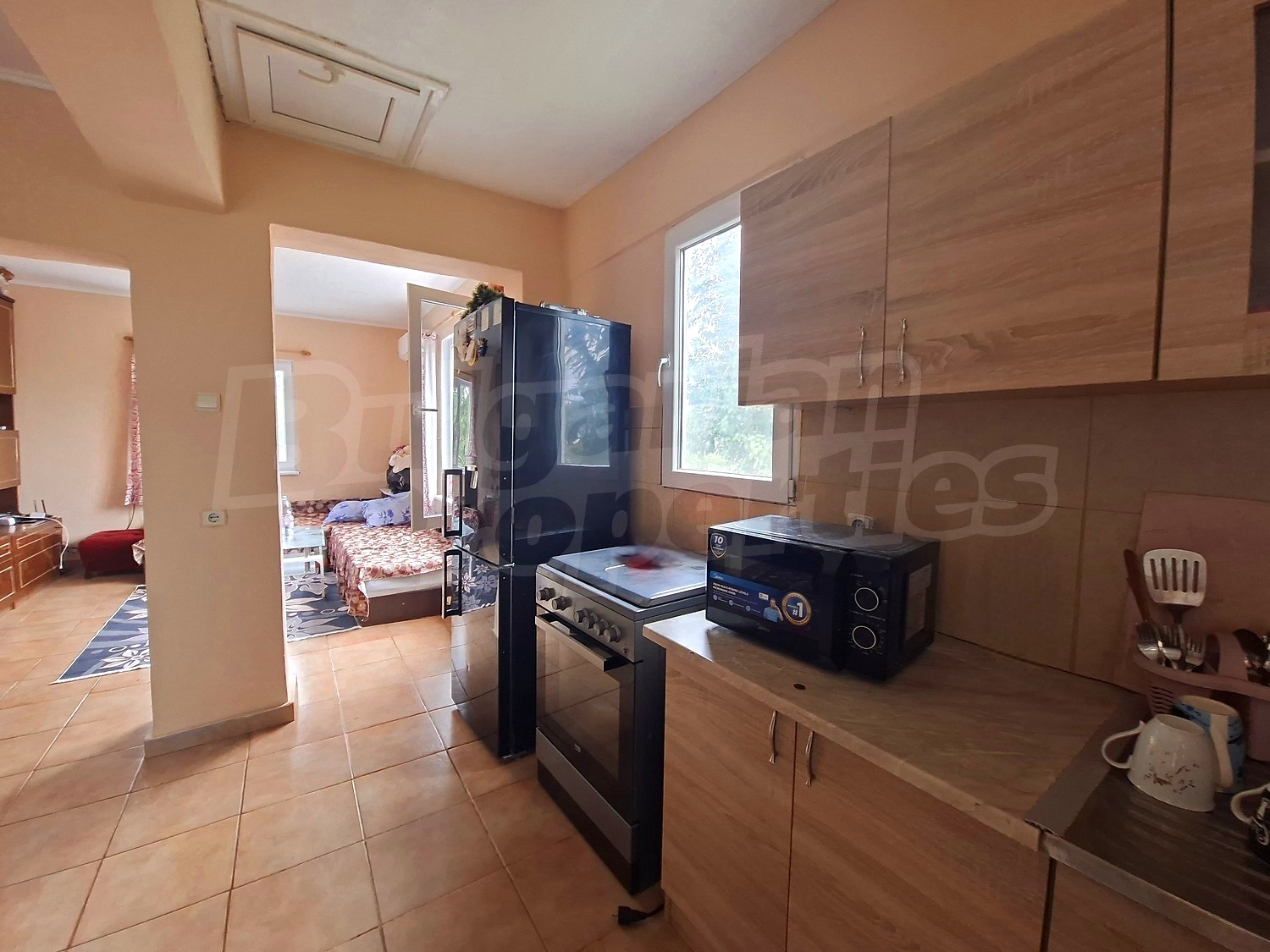 inside, kitchen, living room, furnished
