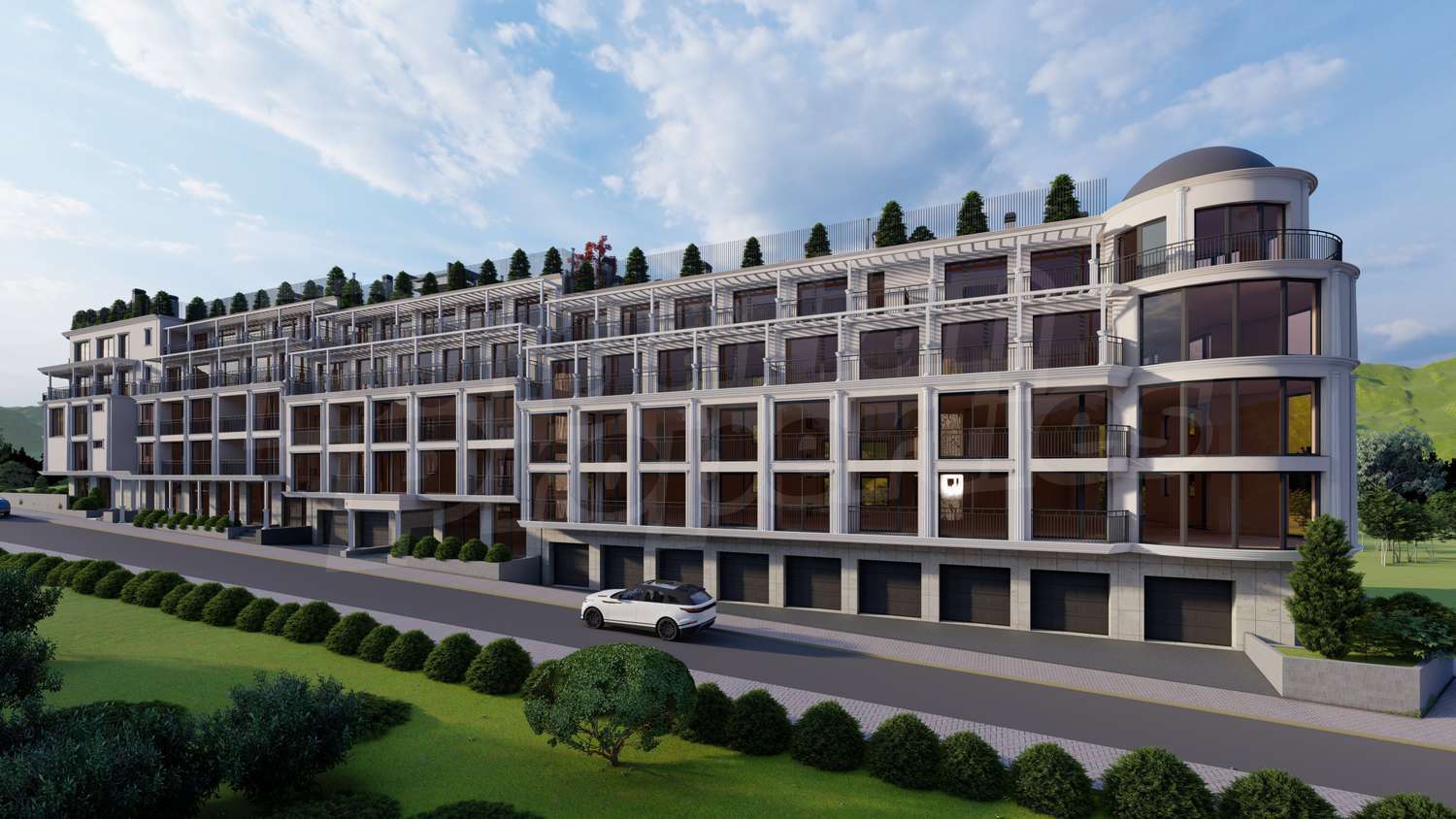 facade, outside, green area