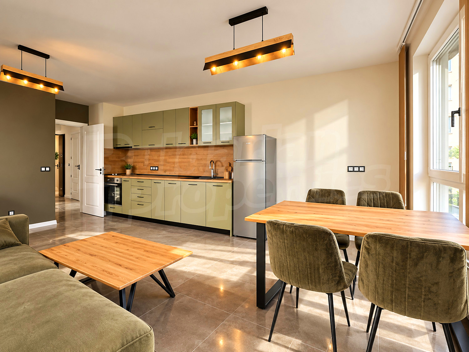 inside, kitchen, living room, furnished