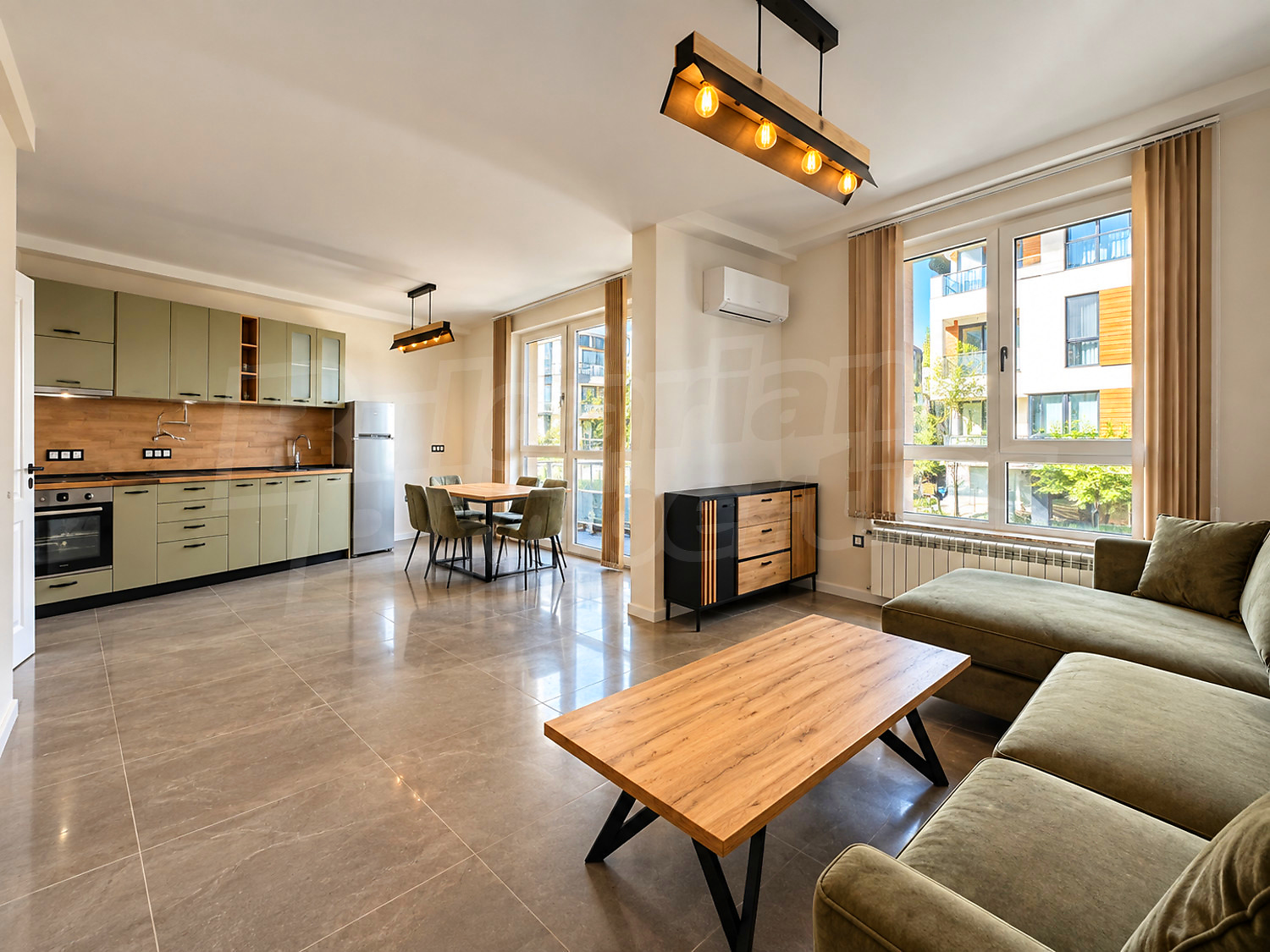 inside, kitchen, living room, furnished