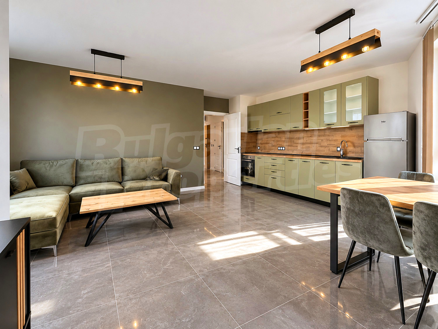 inside, kitchen, living room, furnished