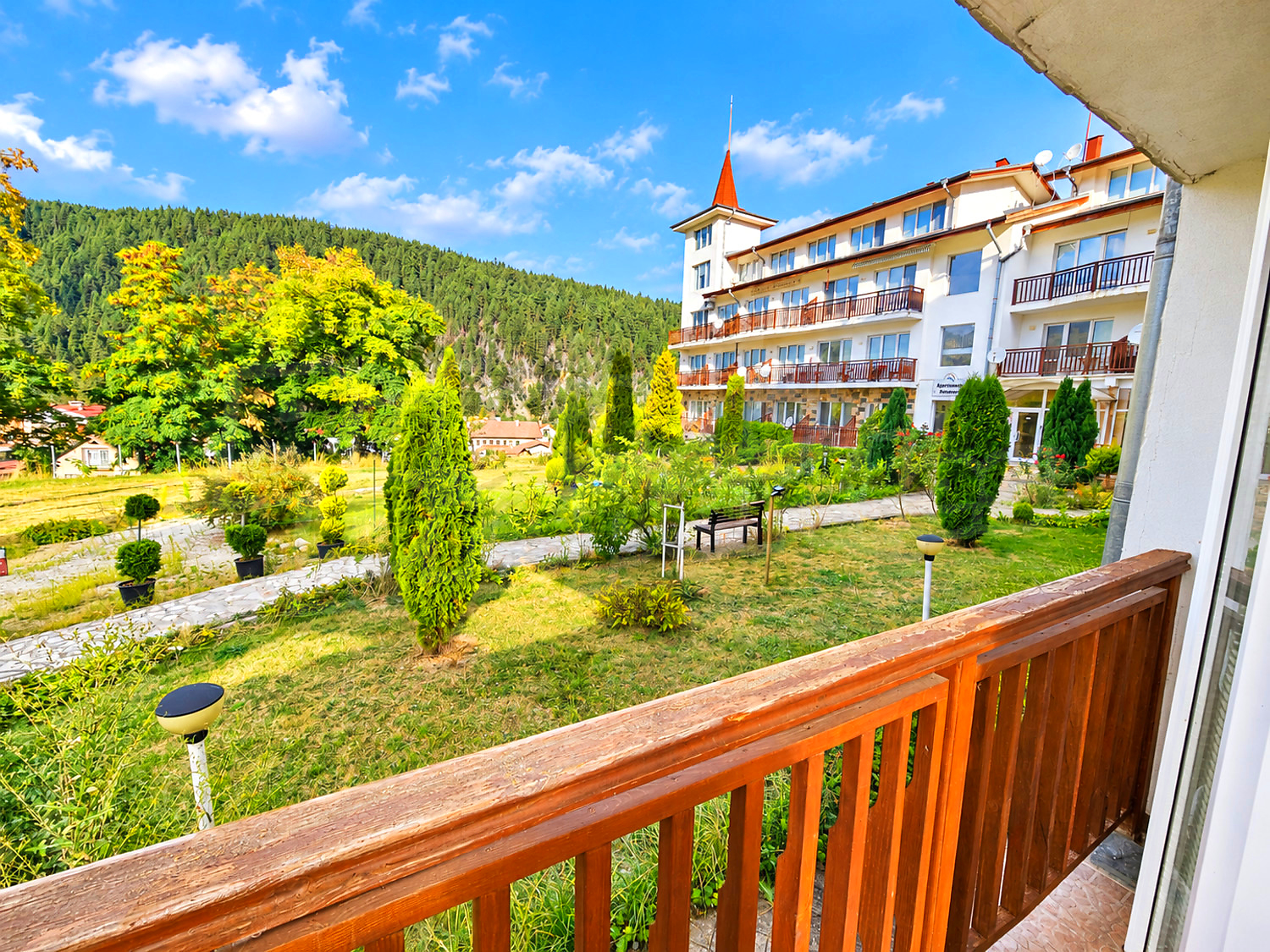 balcony, facade, garden, mountain, view from balcony, outside