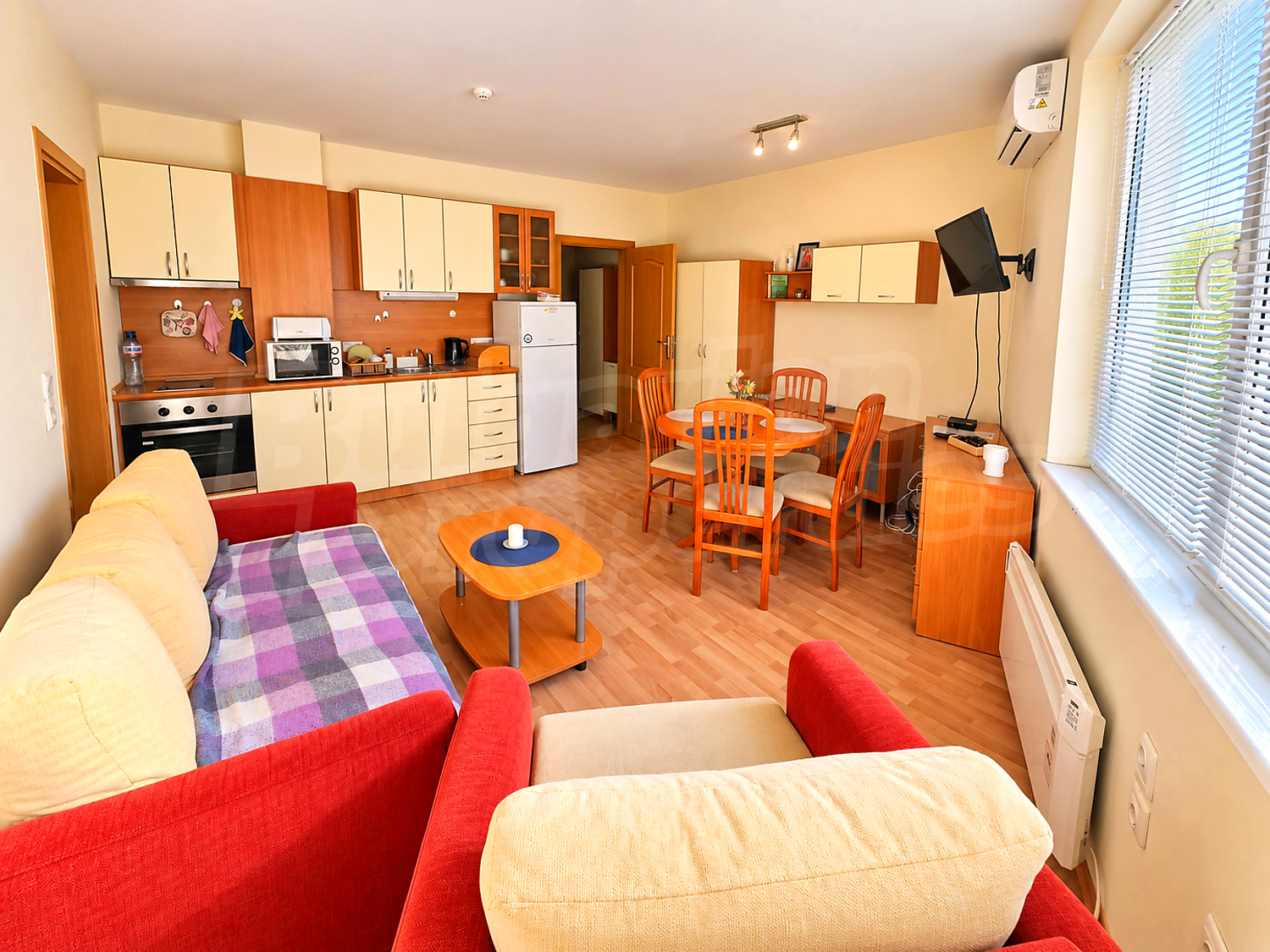 inside, kitchen, living room, furnished