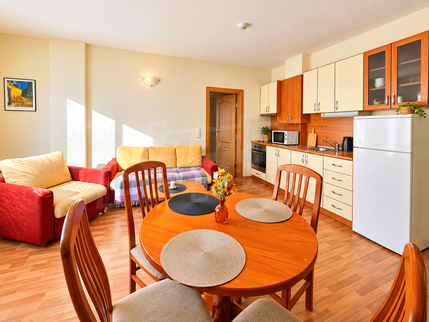 inside, kitchen, living room, furnished