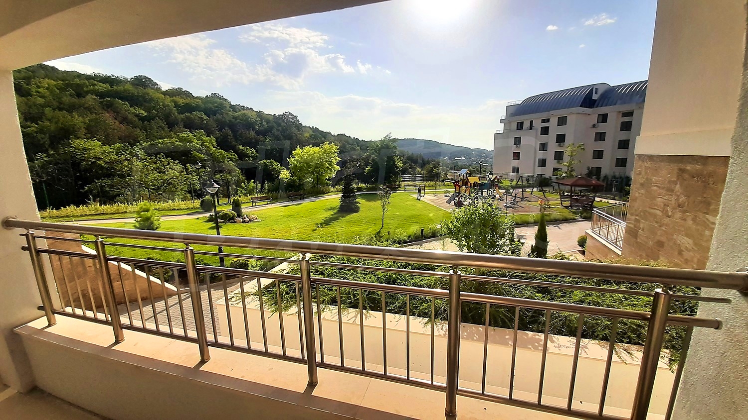 balcony, view from balcony, green area, facade