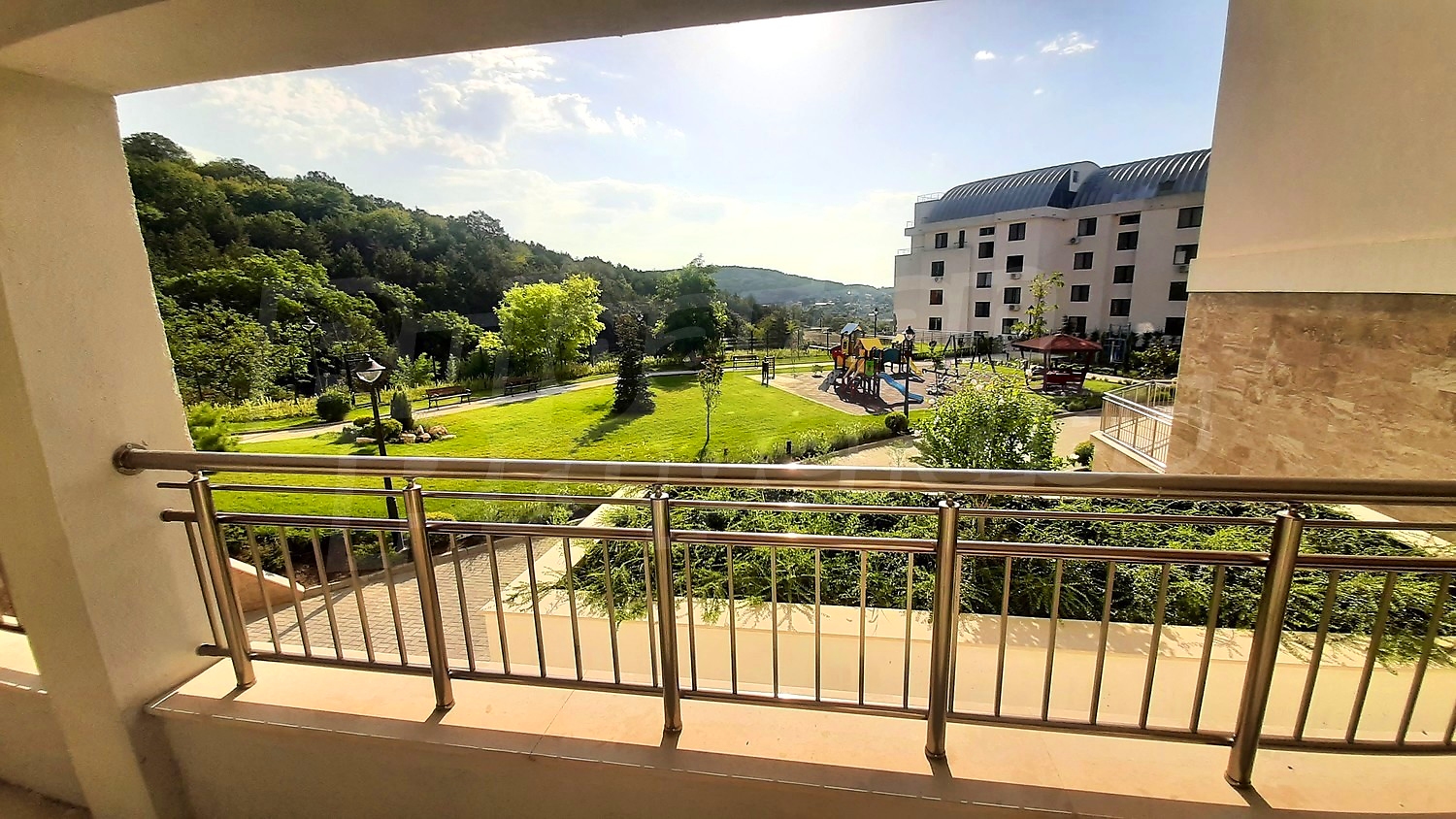 balcony, view from balcony, garden, outside, green area