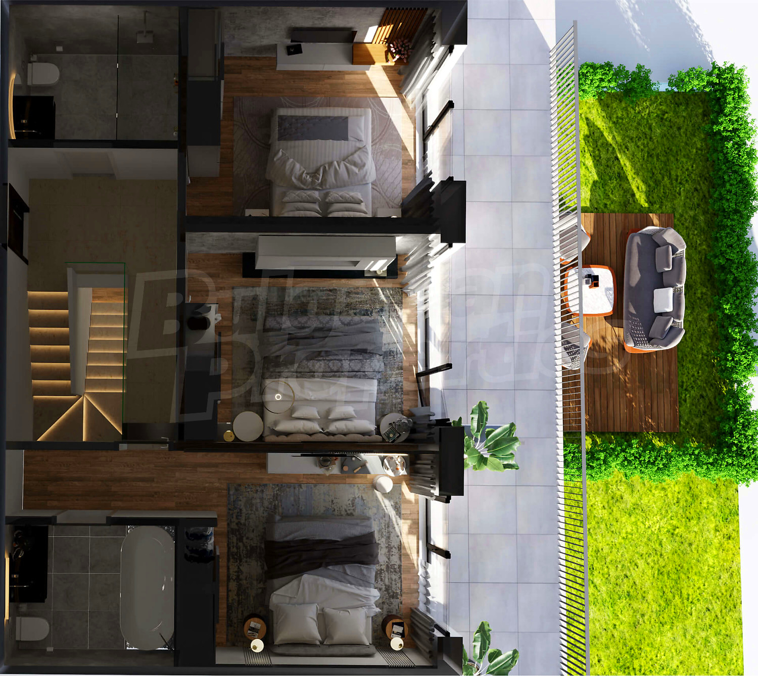 inside, bedroom, garden, floorplan