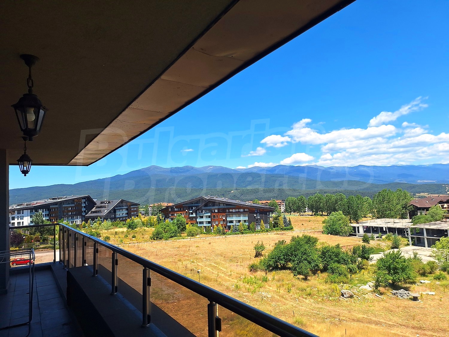 balcony, view from balcony, mountain, outside, green area