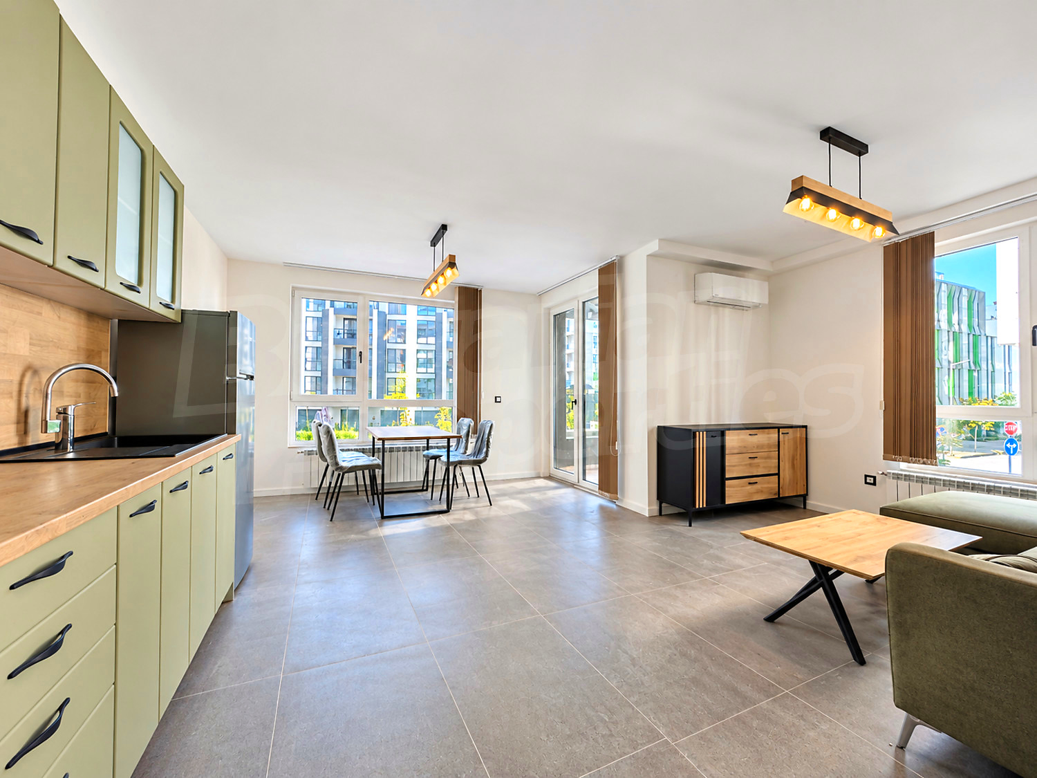 inside, kitchen, living room, furnished