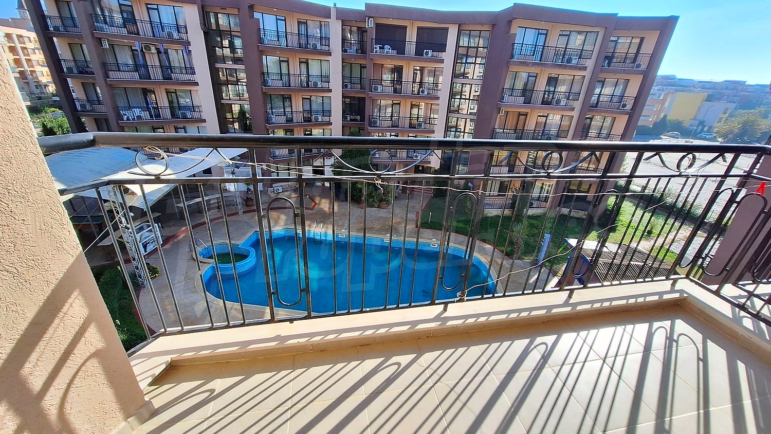 balcony, view from balcony, pool, outside