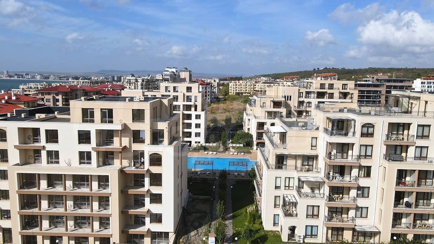 outside, view from balcony, facade, pool