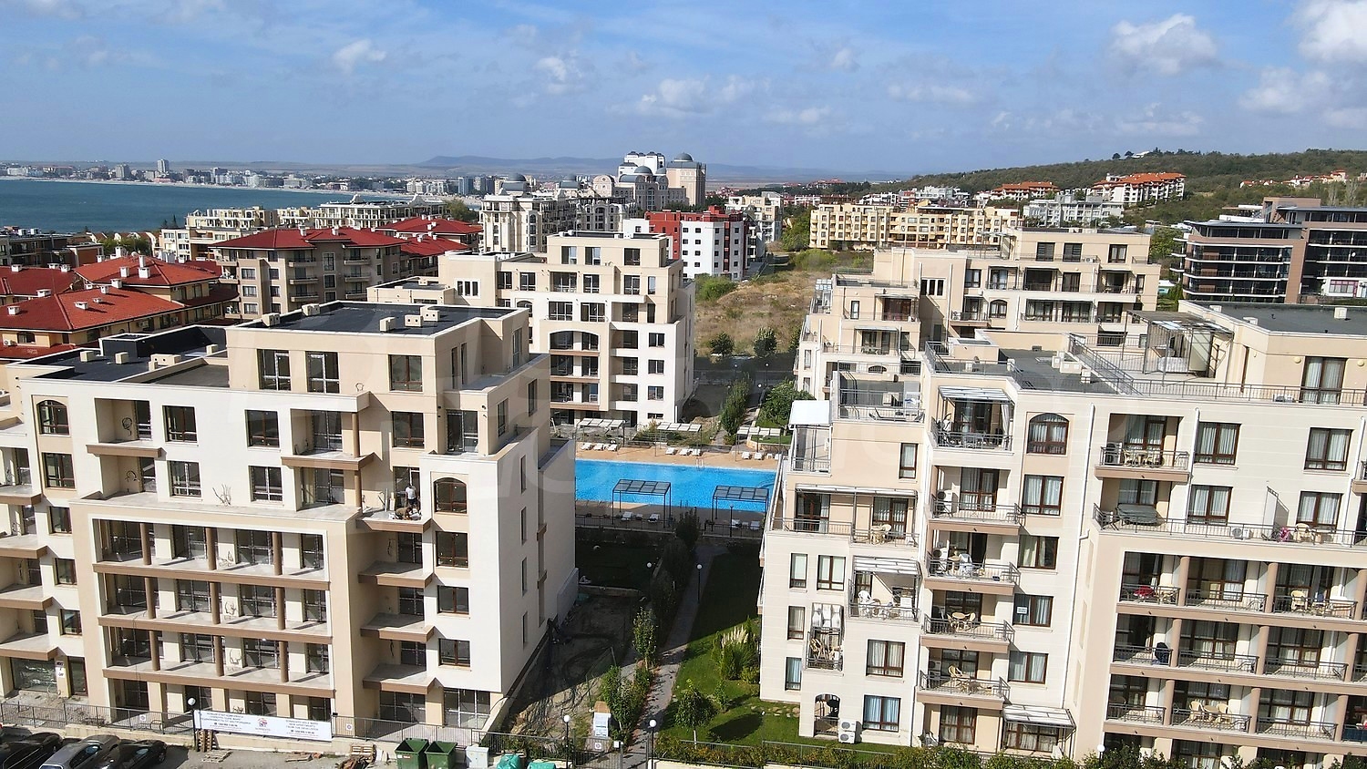 outside, view from balcony, facade, pool, sea