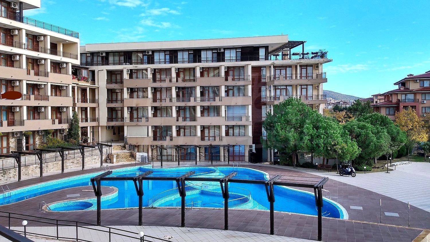 outside, pool, facade, green area
