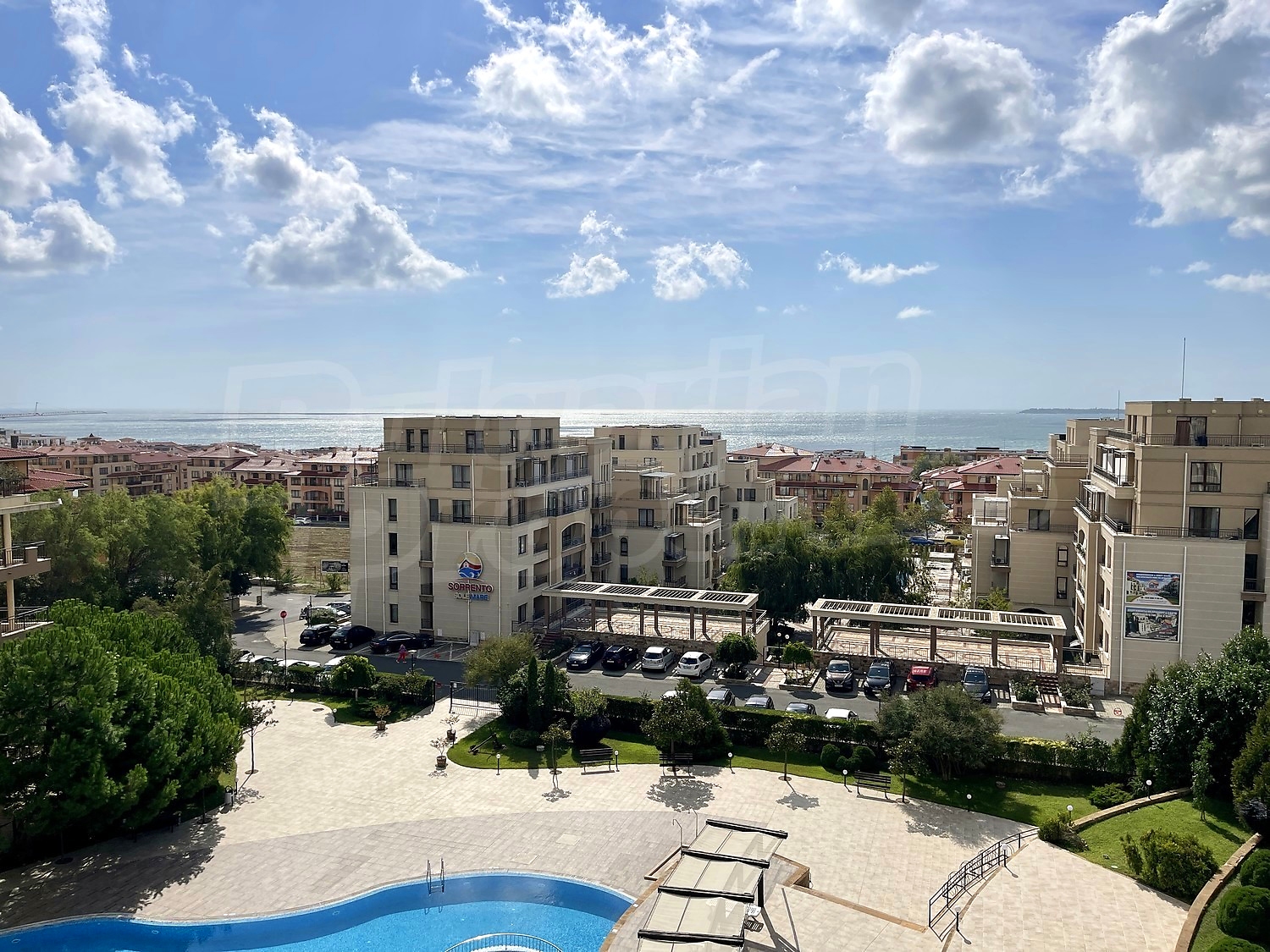 outside, view from balcony, facade, pool, sea, parking