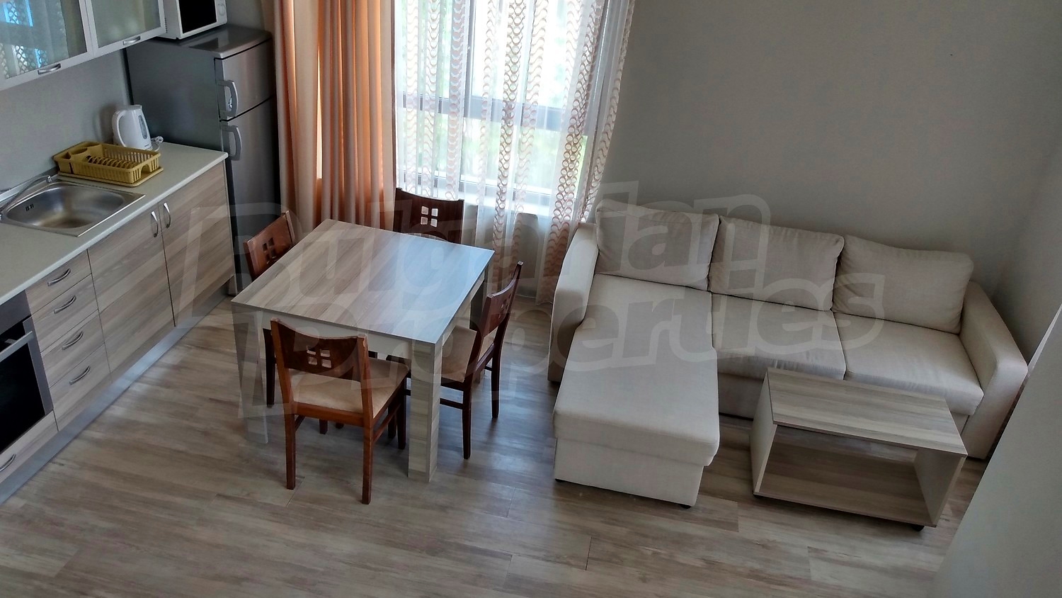 inside, kitchen, living room, furnished