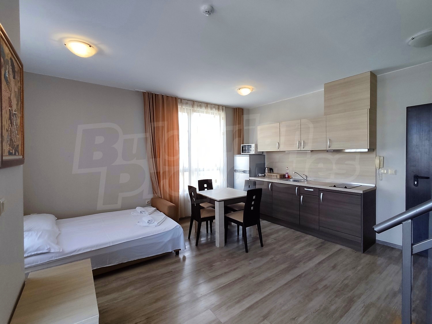 inside, kitchen, living room, furnished