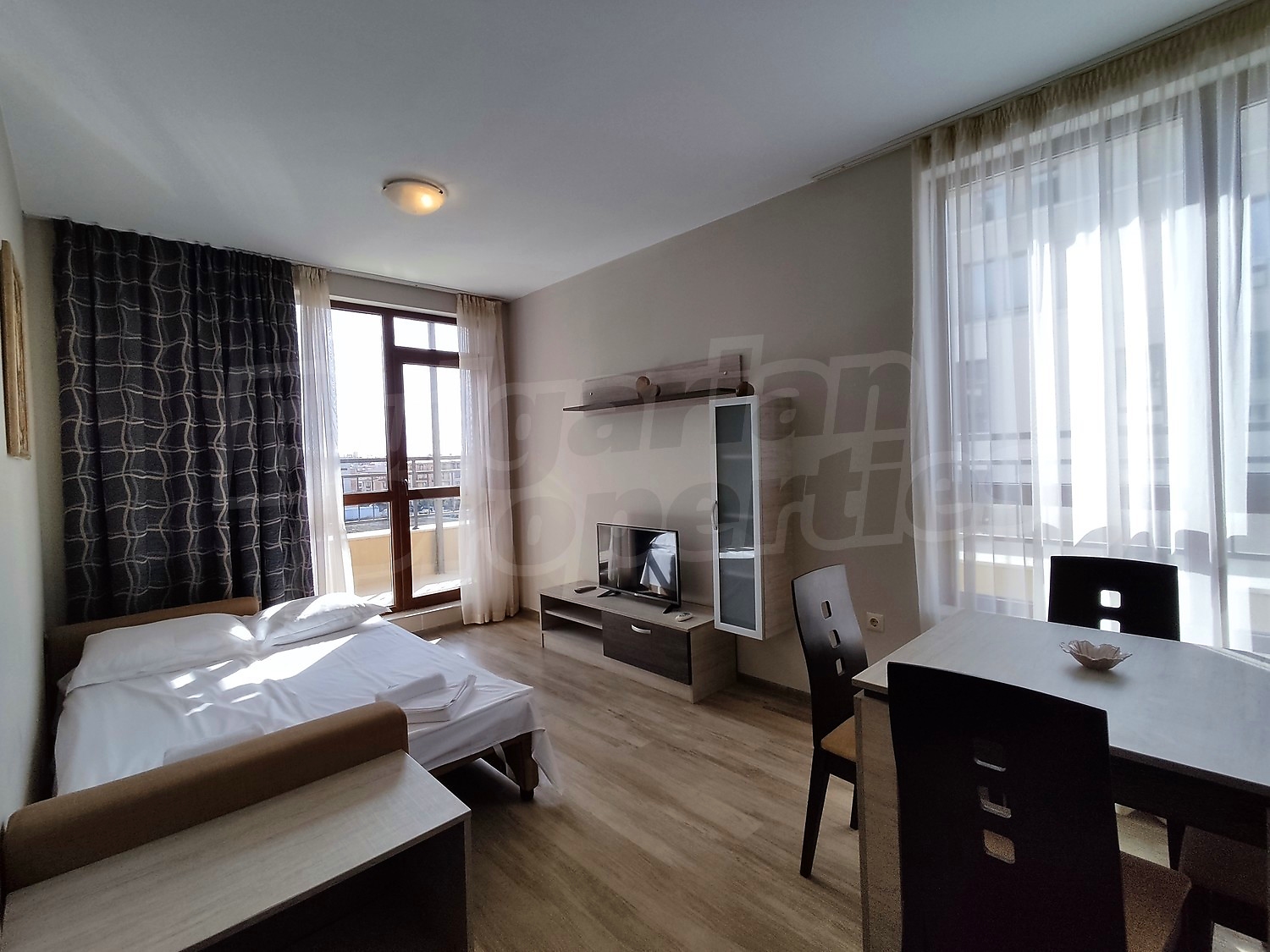 inside, living room, bedroom, balcony, furnished