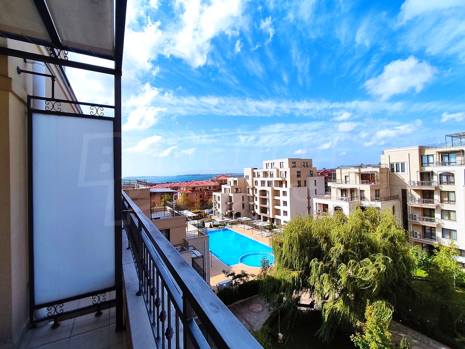 balcony, view from balcony, pool, outside