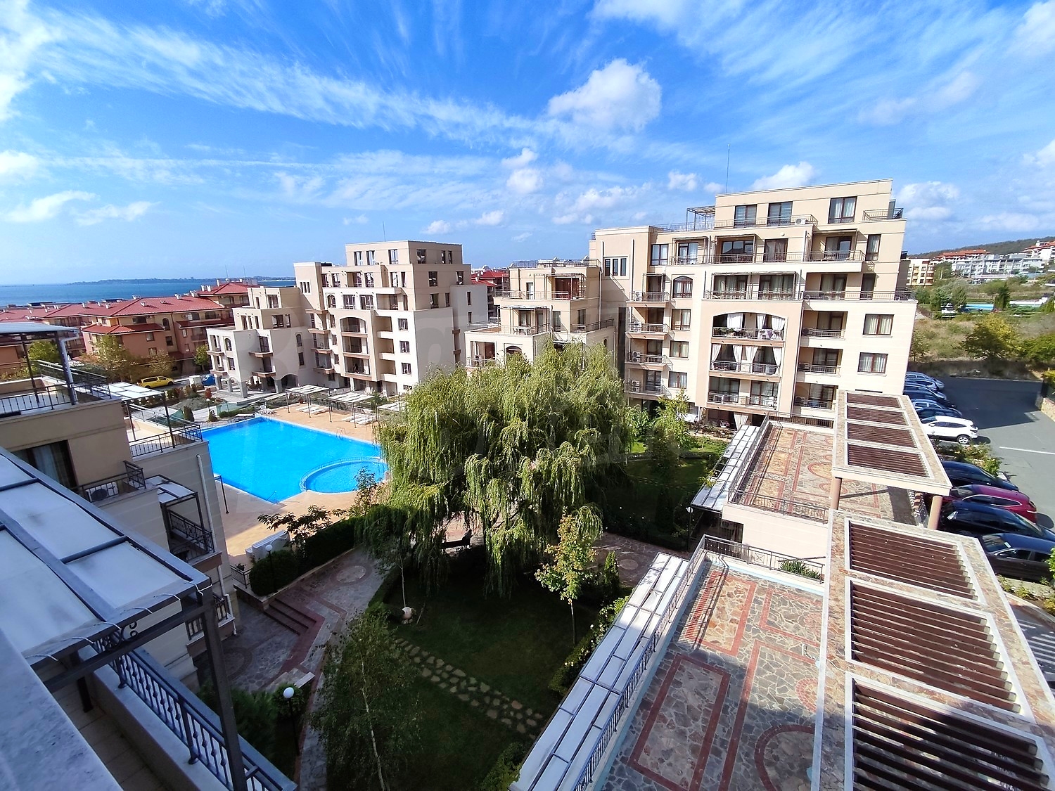 outside, pool, garden, parking, view from balcony