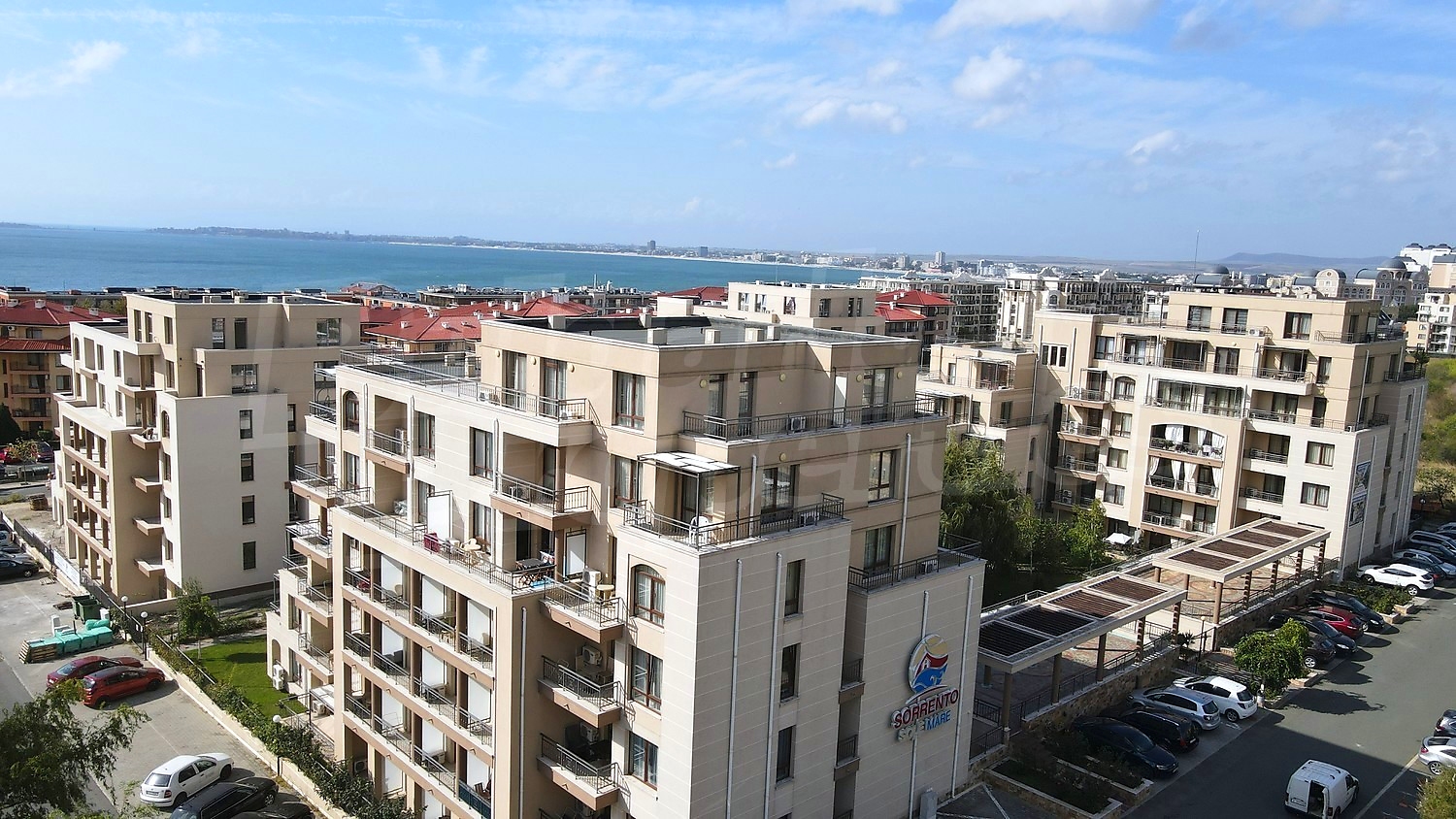 outside, view from balcony, facade, sea, parking
