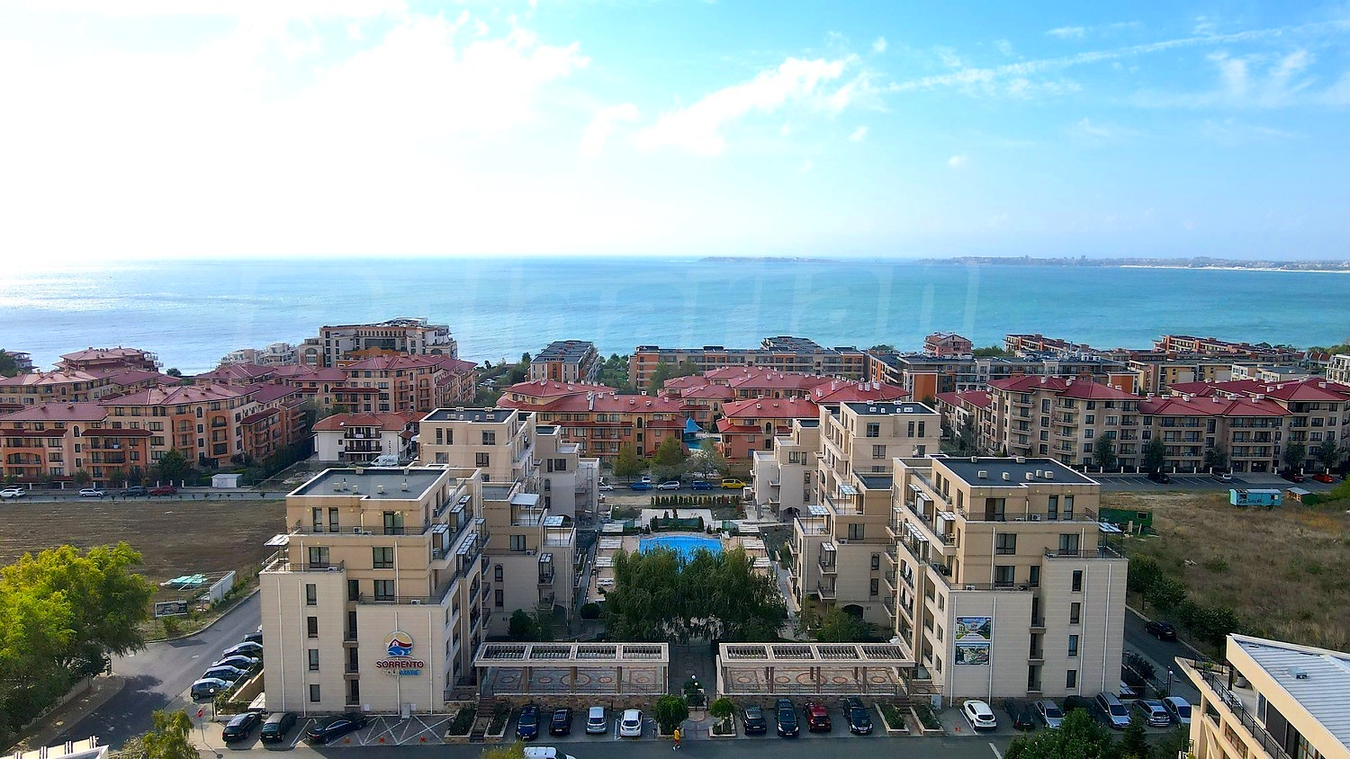 outside, sea, facade, parking, pool