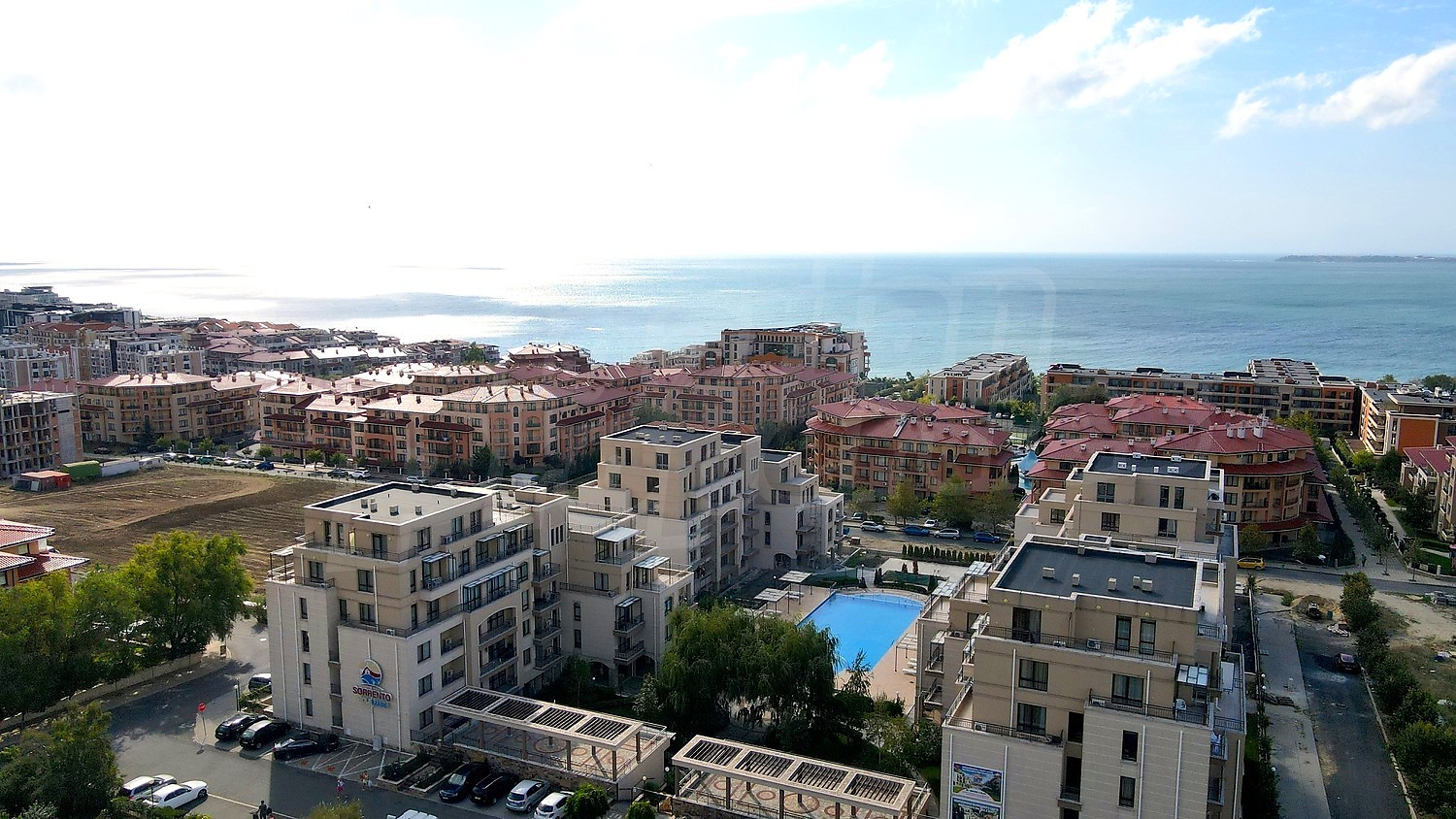 outside, view from balcony, sea, pool, facade, green area