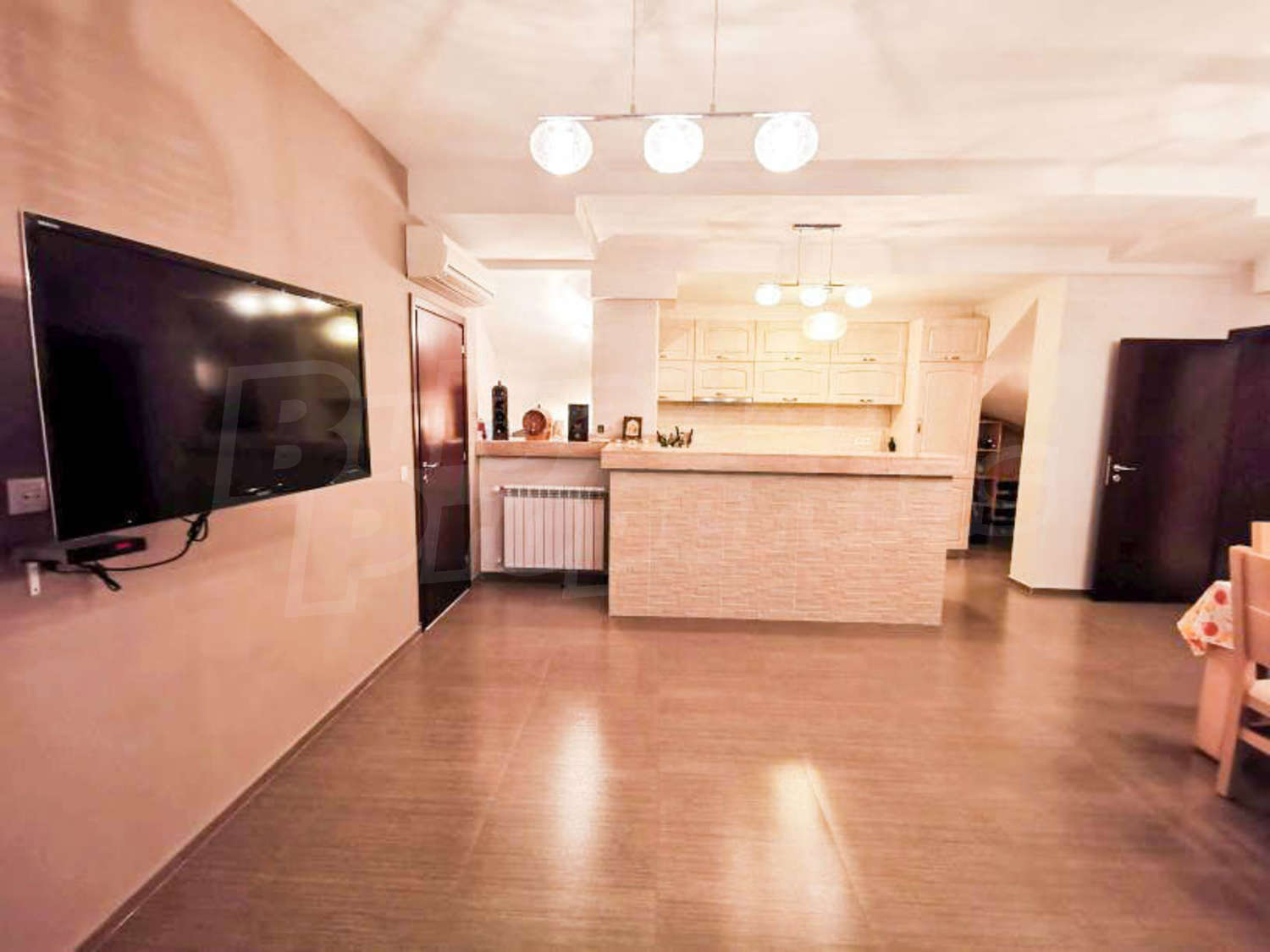 inside, kitchen, living room, furnished