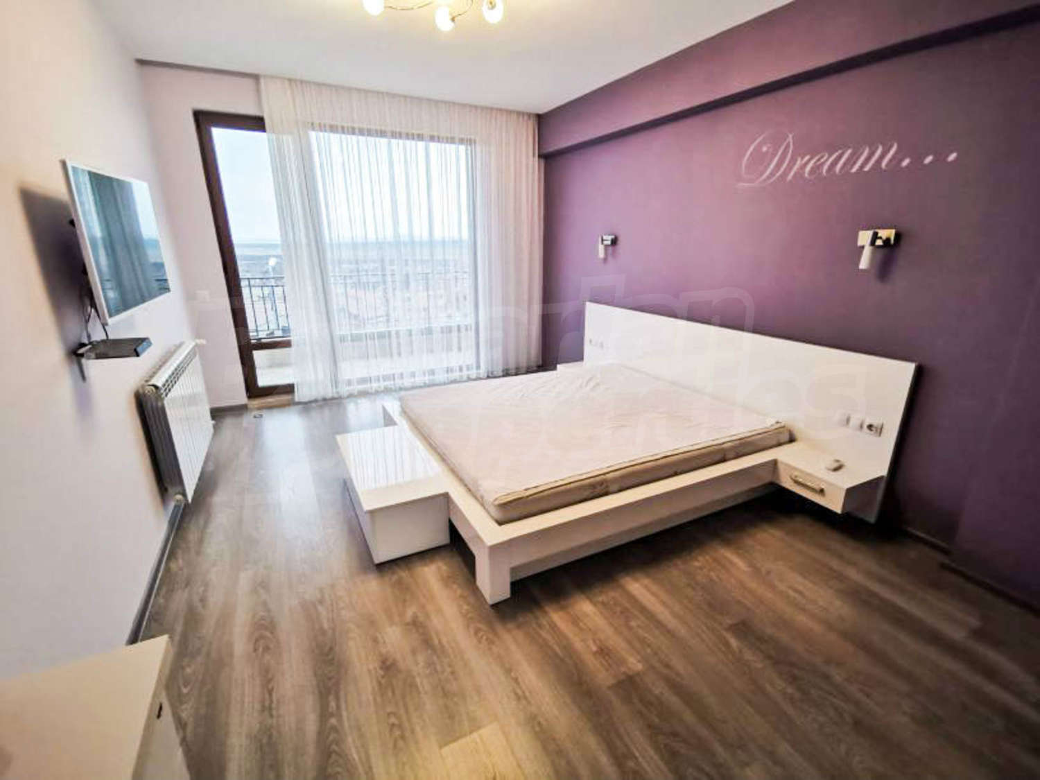 inside, bedroom, furnished, view from balcony