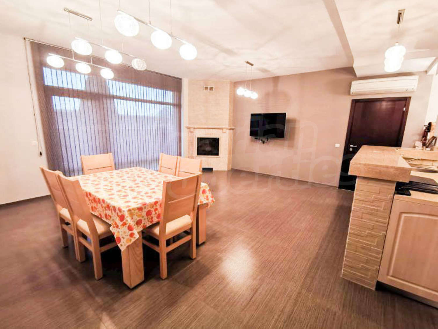 inside, living room, kitchen, fireplace, furnished
