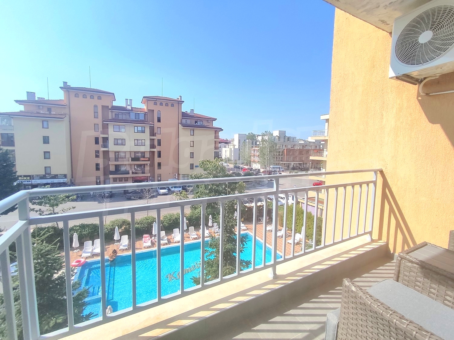 balcony, pool, outside, view from balcony