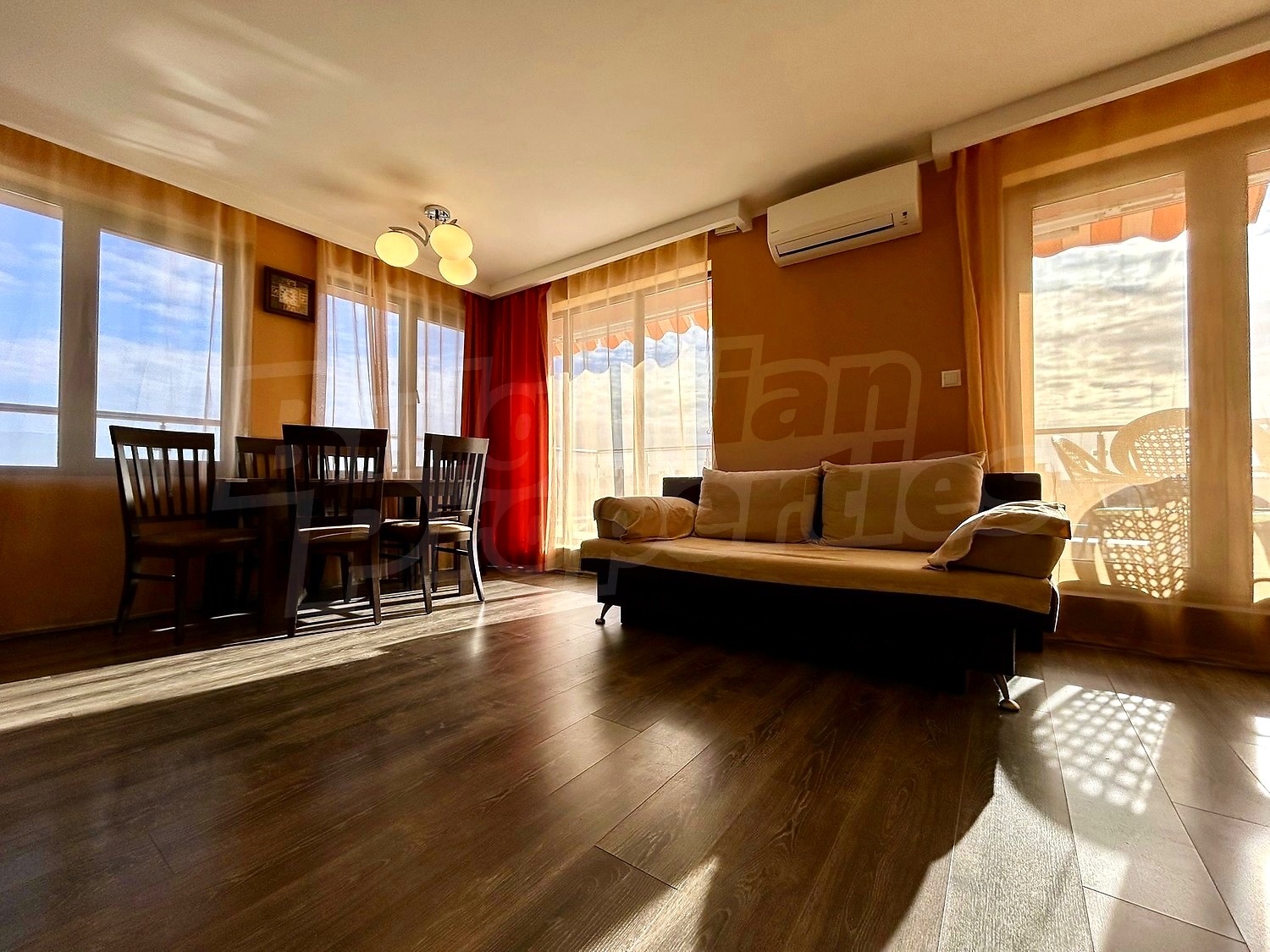 inside, living room, furnished, view from balcony