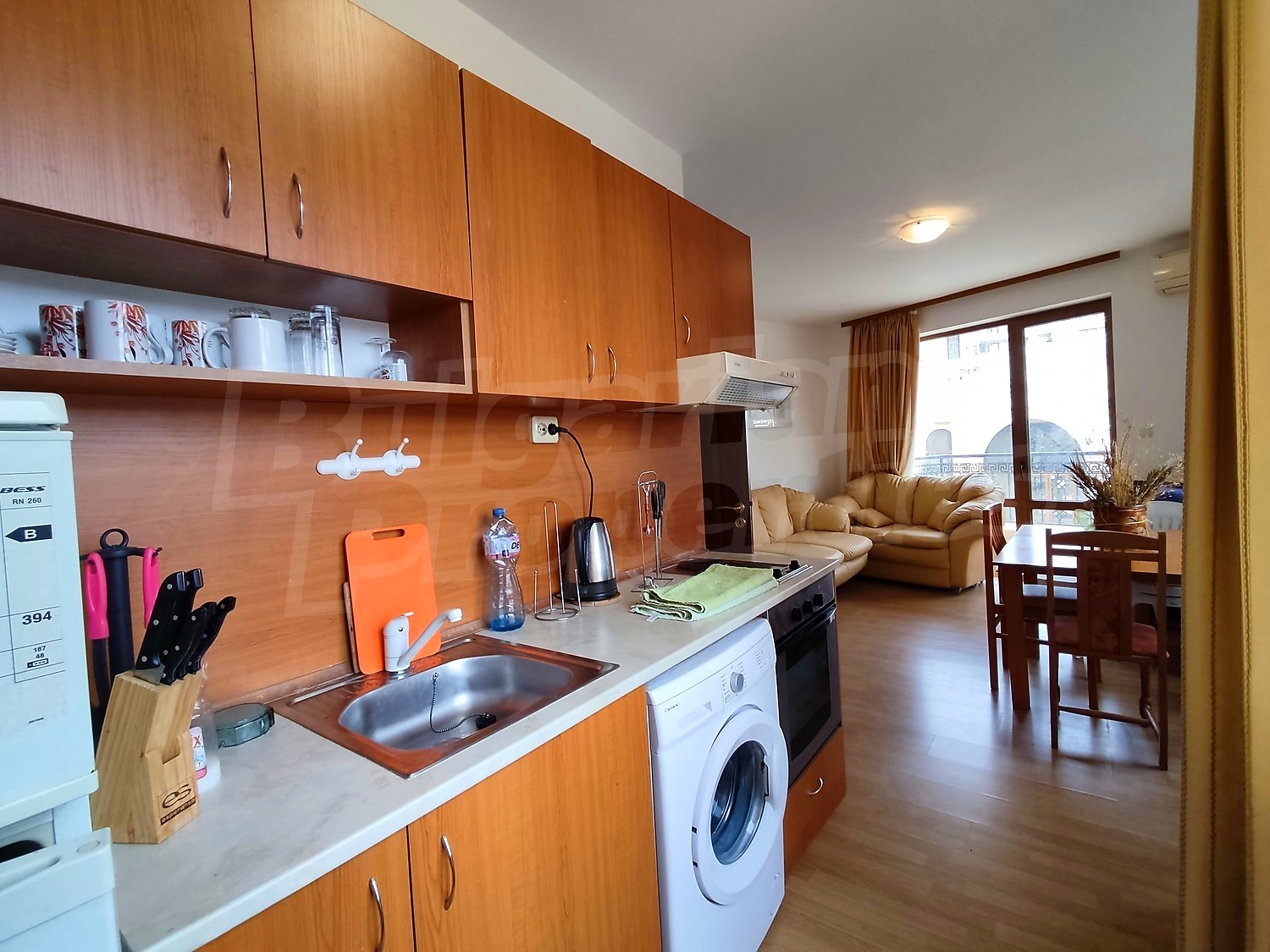 inside, kitchen, living room, furnished