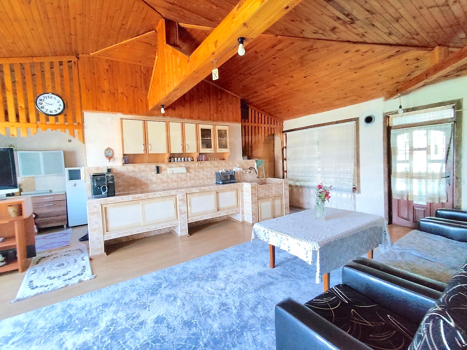 inside, kitchen, living room, furnished