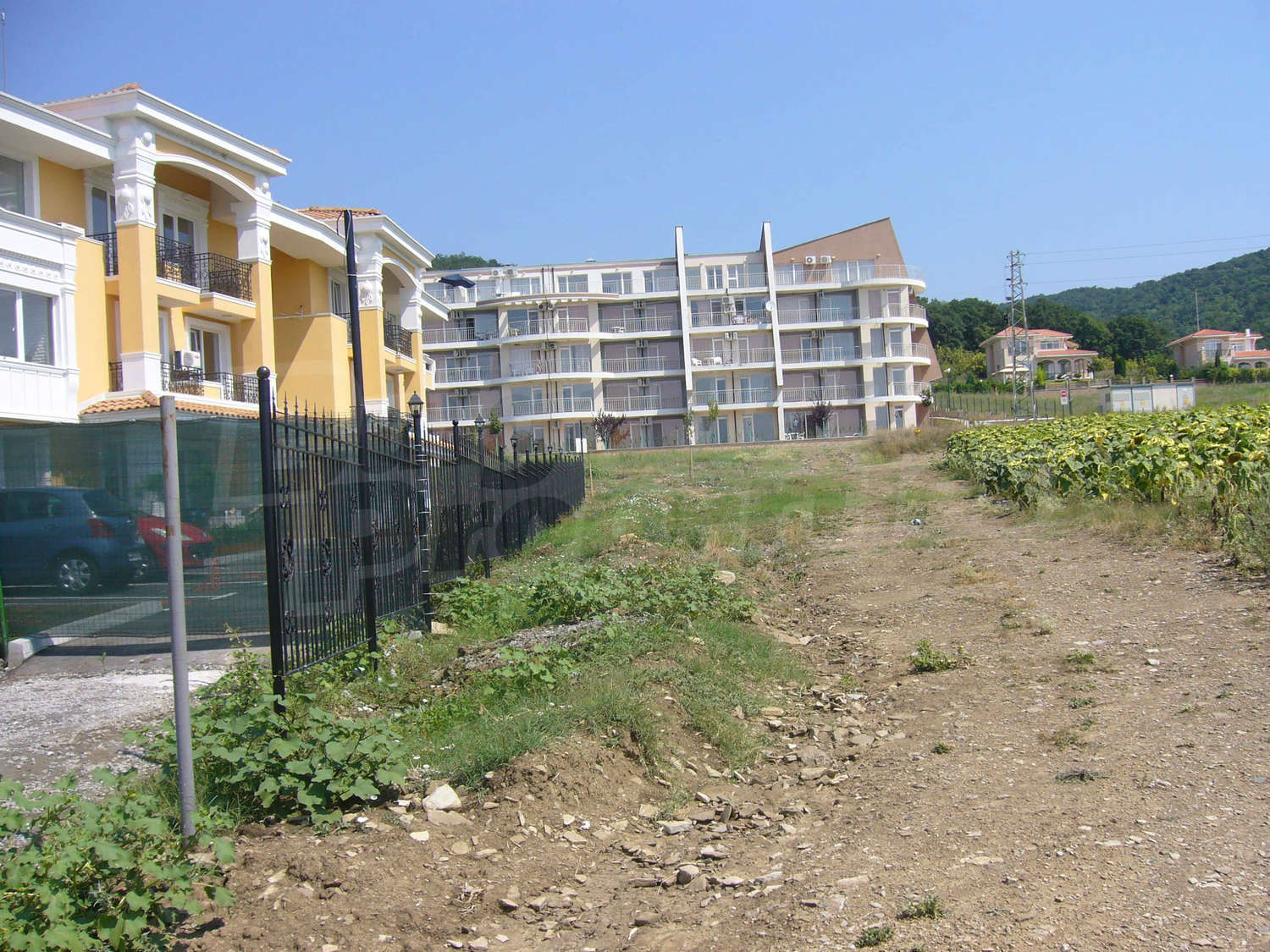 facade, outside, parking, green area