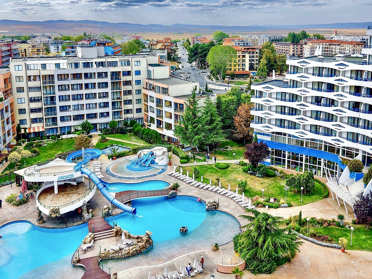 outside, pool, view from balcony, garden