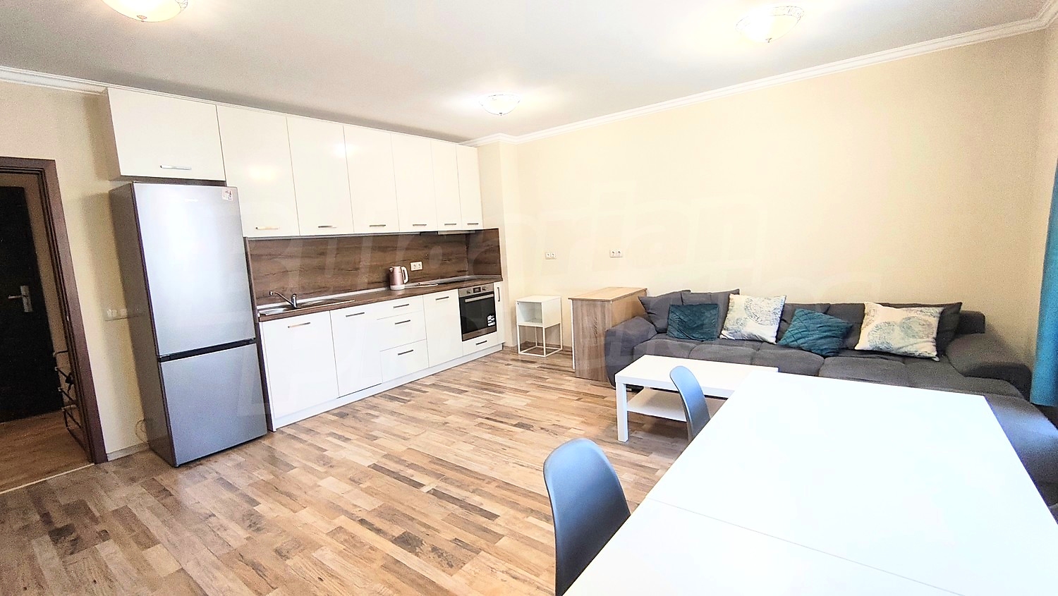 inside, kitchen, living room, furnished