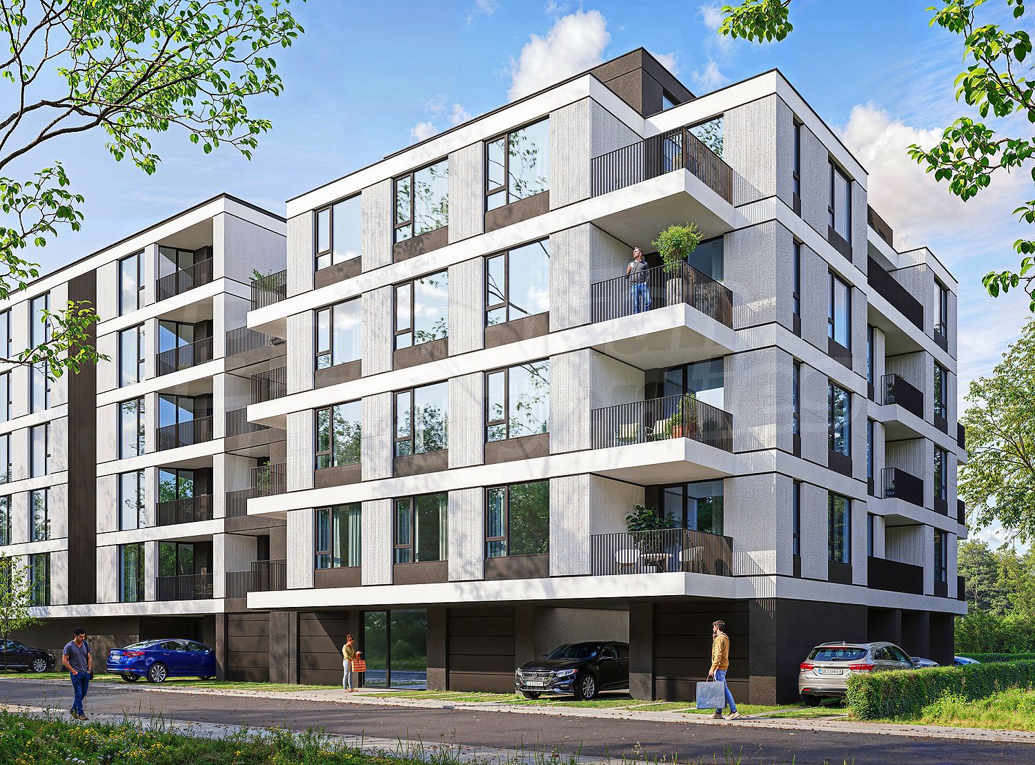 facade, outside, balcony, parking, green area