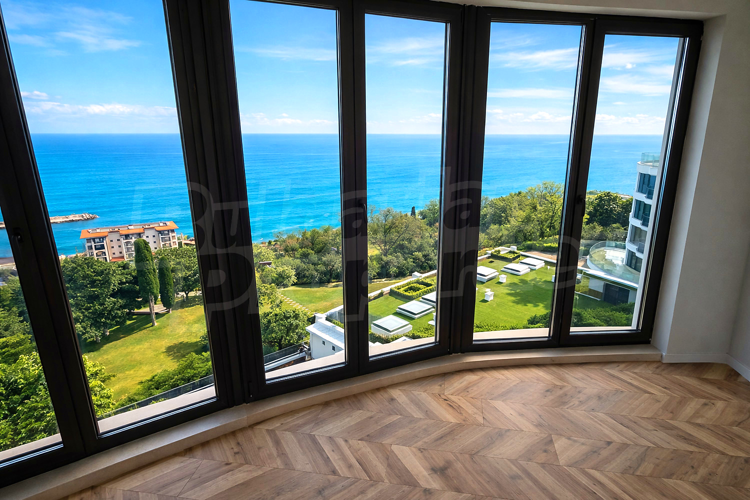 inside, view from balcony, sea, green area