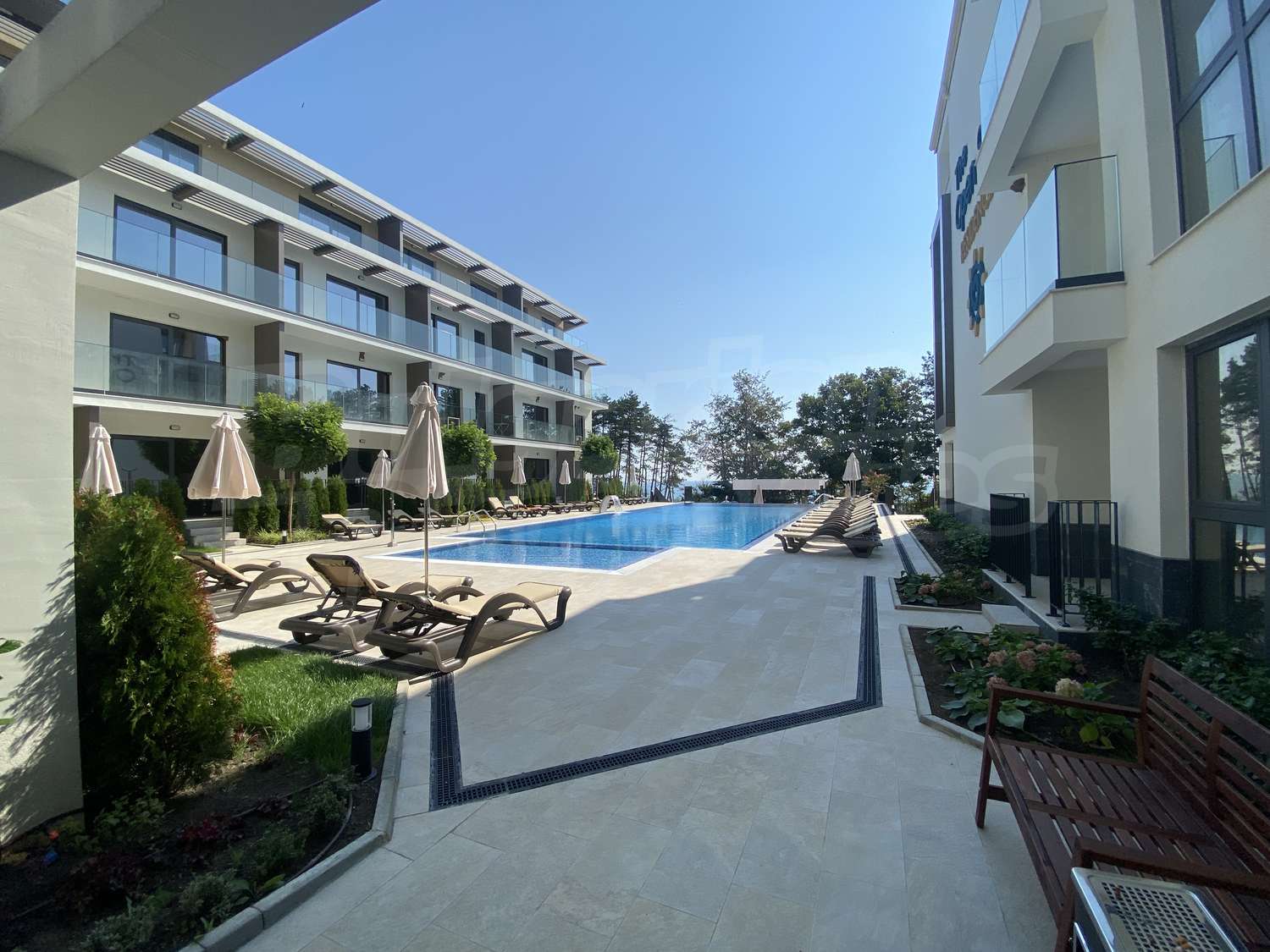 outside, pool, garden, view from balcony, facade