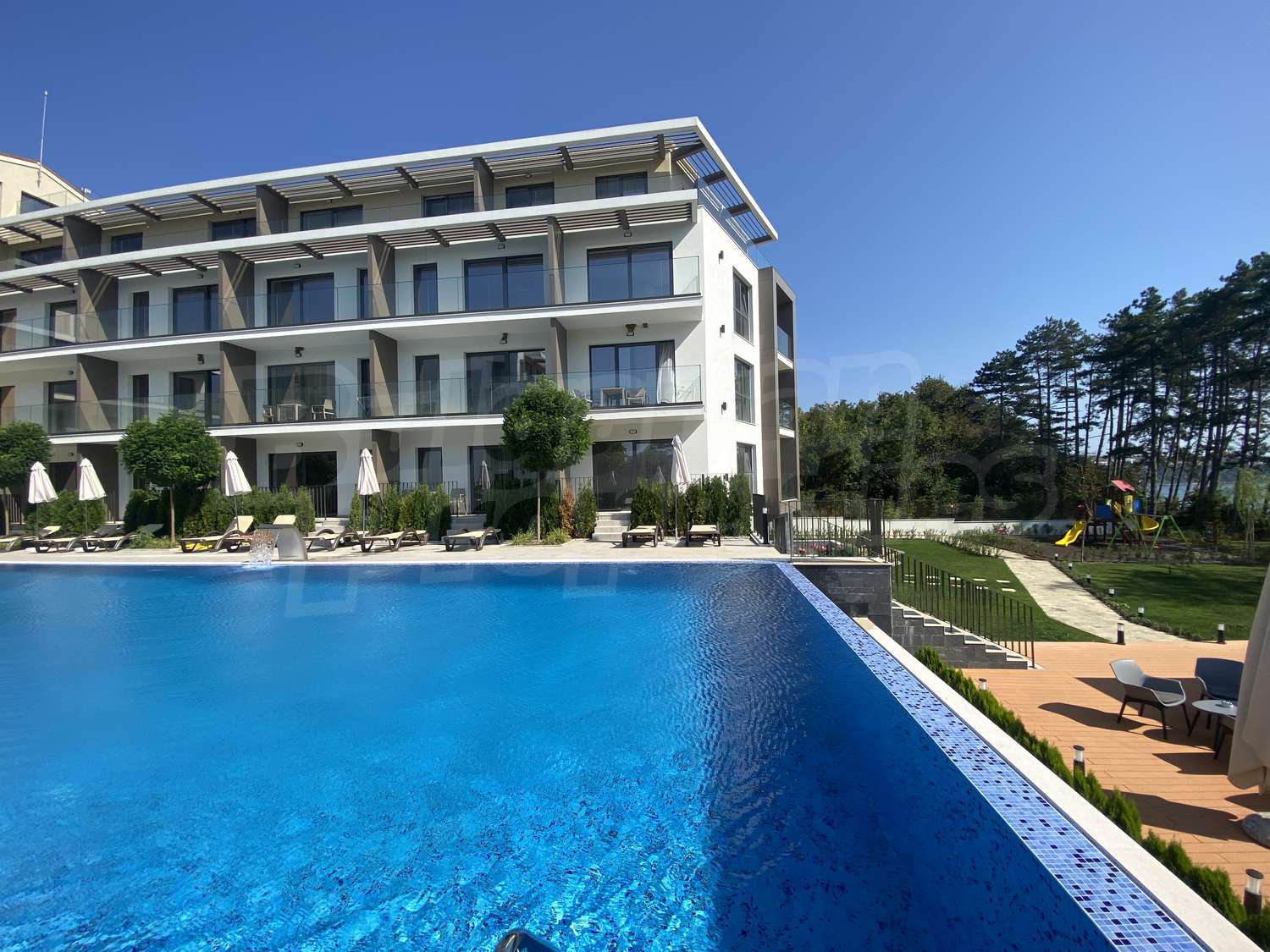 outside, pool, facade, garden, green area