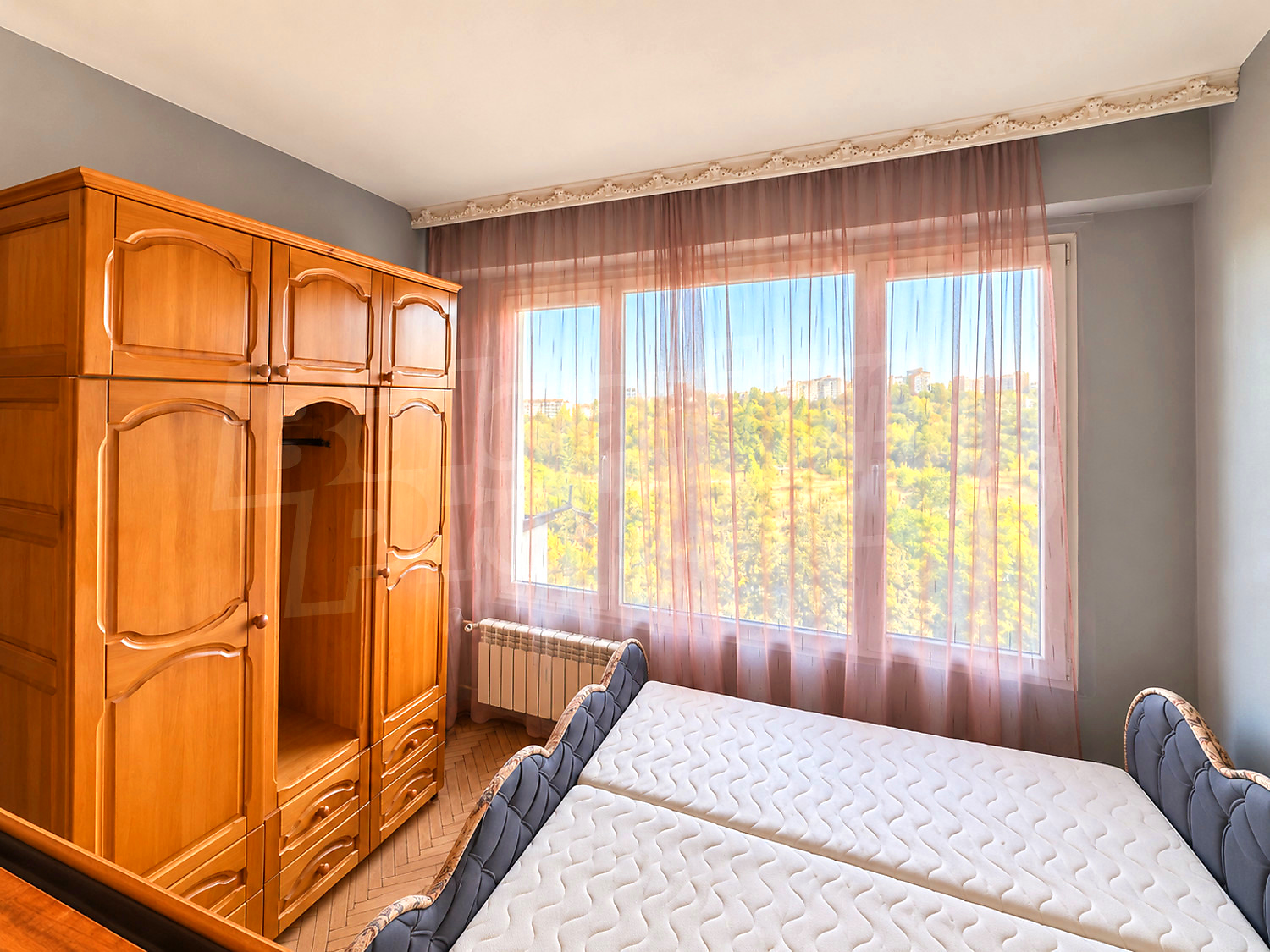 inside, bedroom, furnished, view from balcony, green area